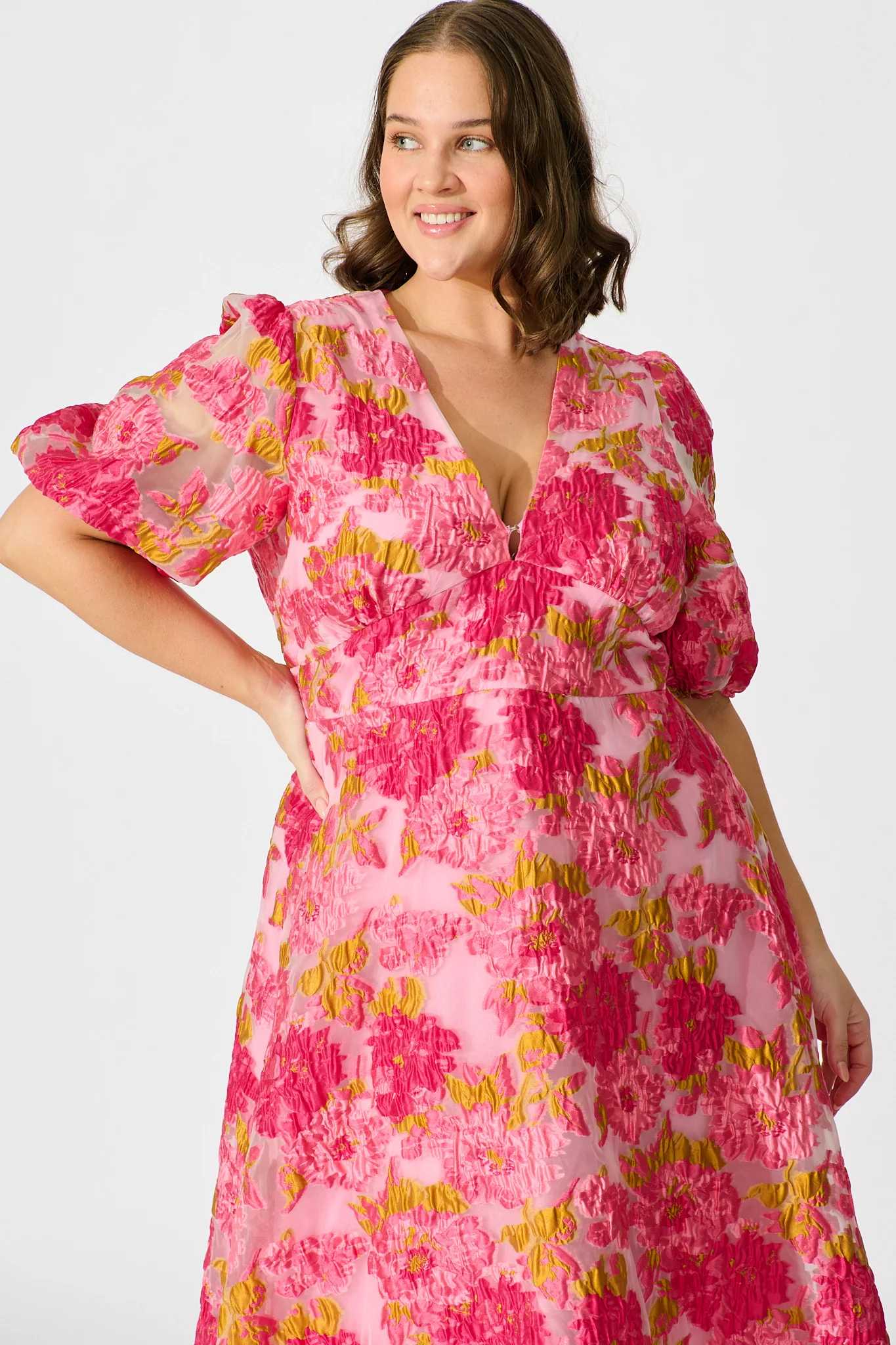 Opulence Midi Dress In Pink Floral Organza Burnout - Image 10