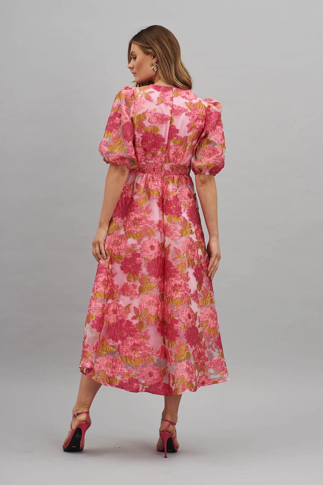 Opulence Midi Dress In Pink Floral Organza Burnout - Image 4
