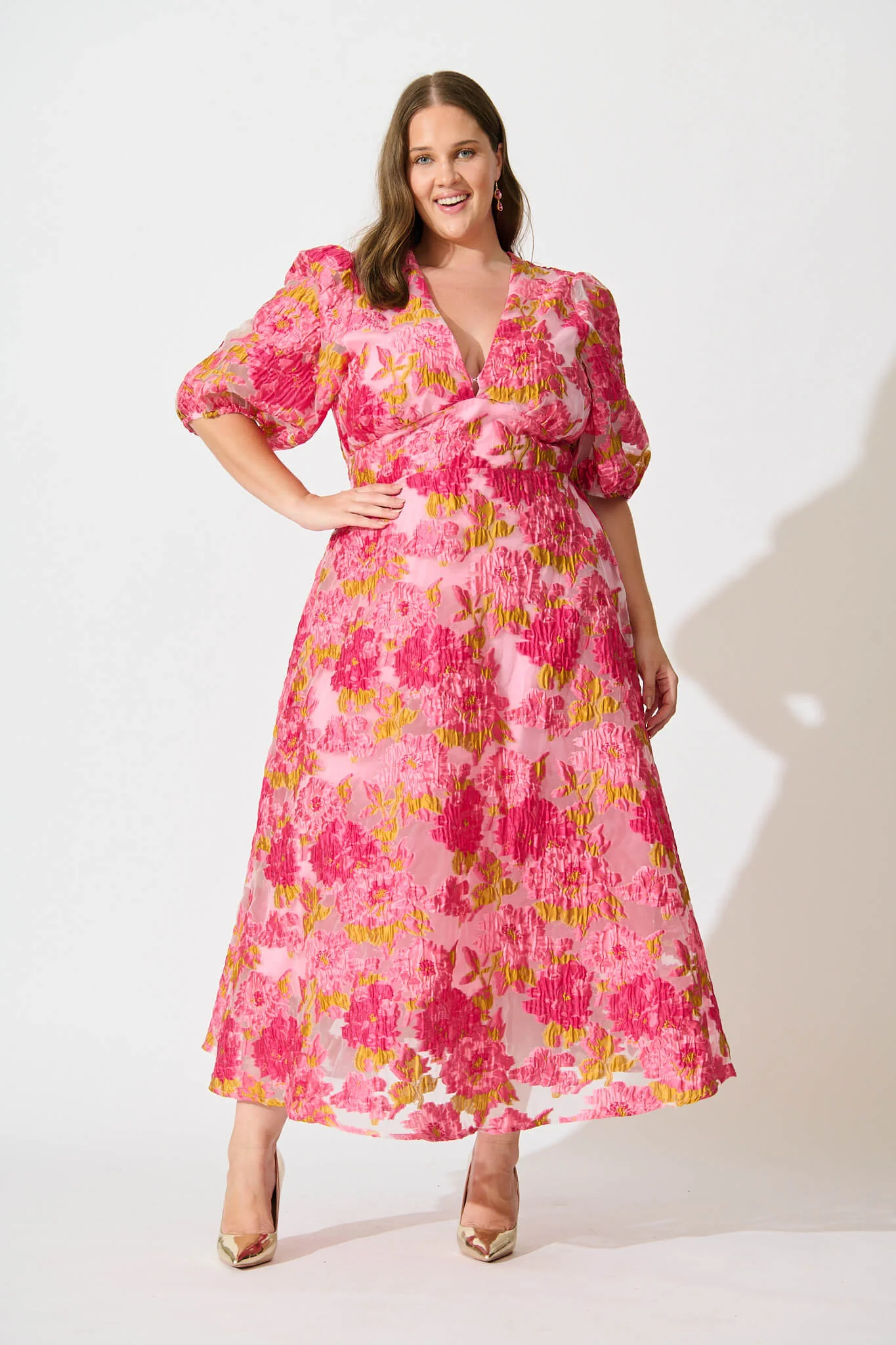 Opulence Midi Dress In Pink Floral Organza Burnout - Image 8