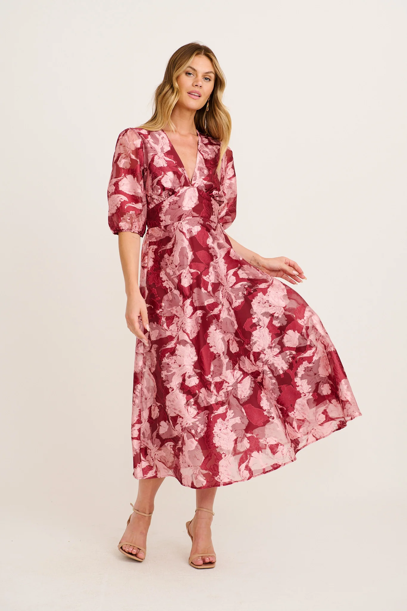 Opulence Midi Dress in Wine Floral Organza