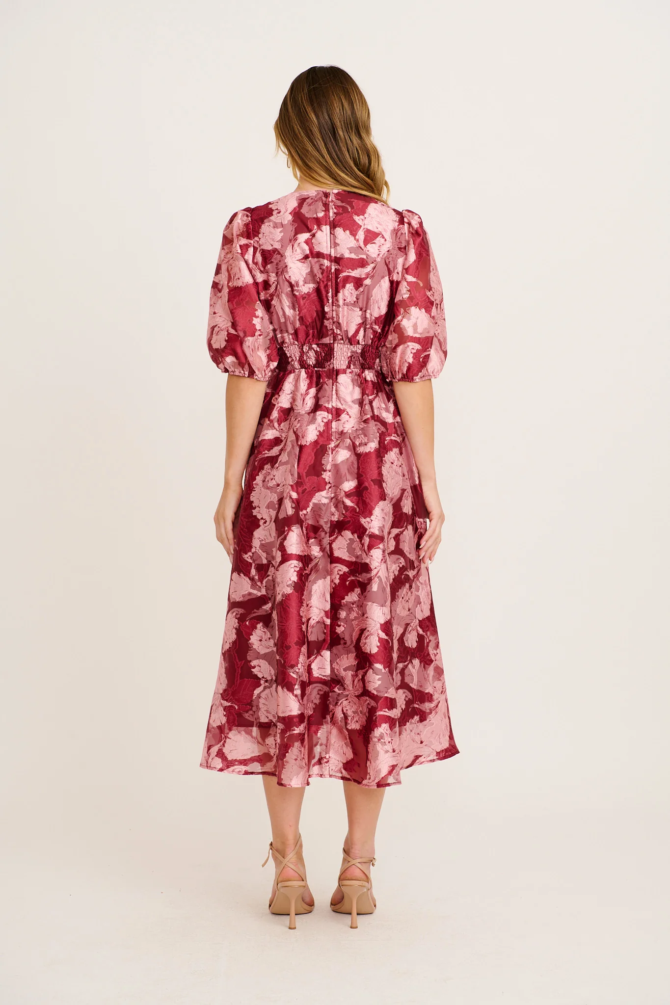 Opulence Midi Dress in Wine Floral Organza - Image 4