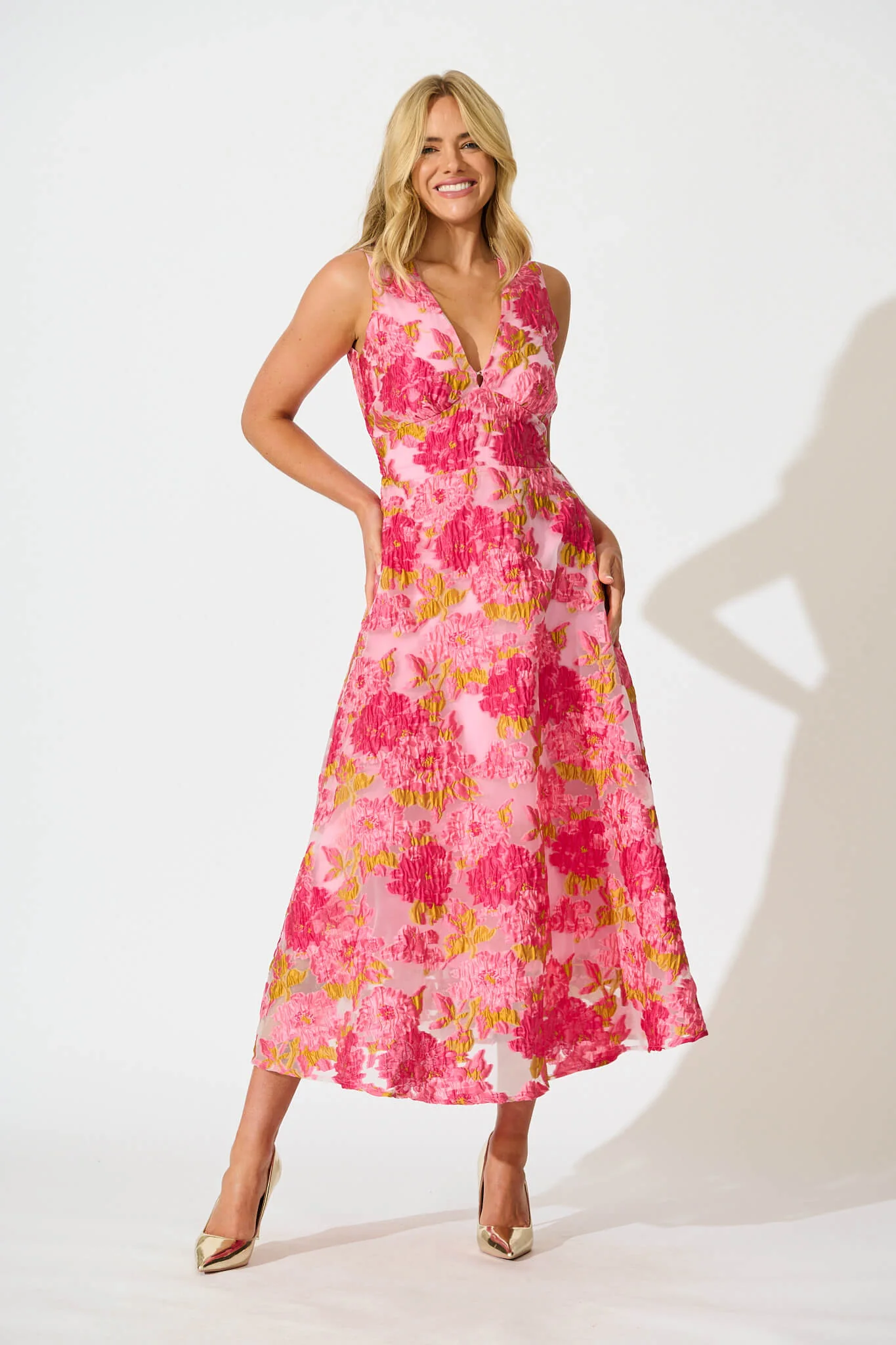 Opuluxe Maxi Dress In Pink Floral Organza Jacquard - Image 2