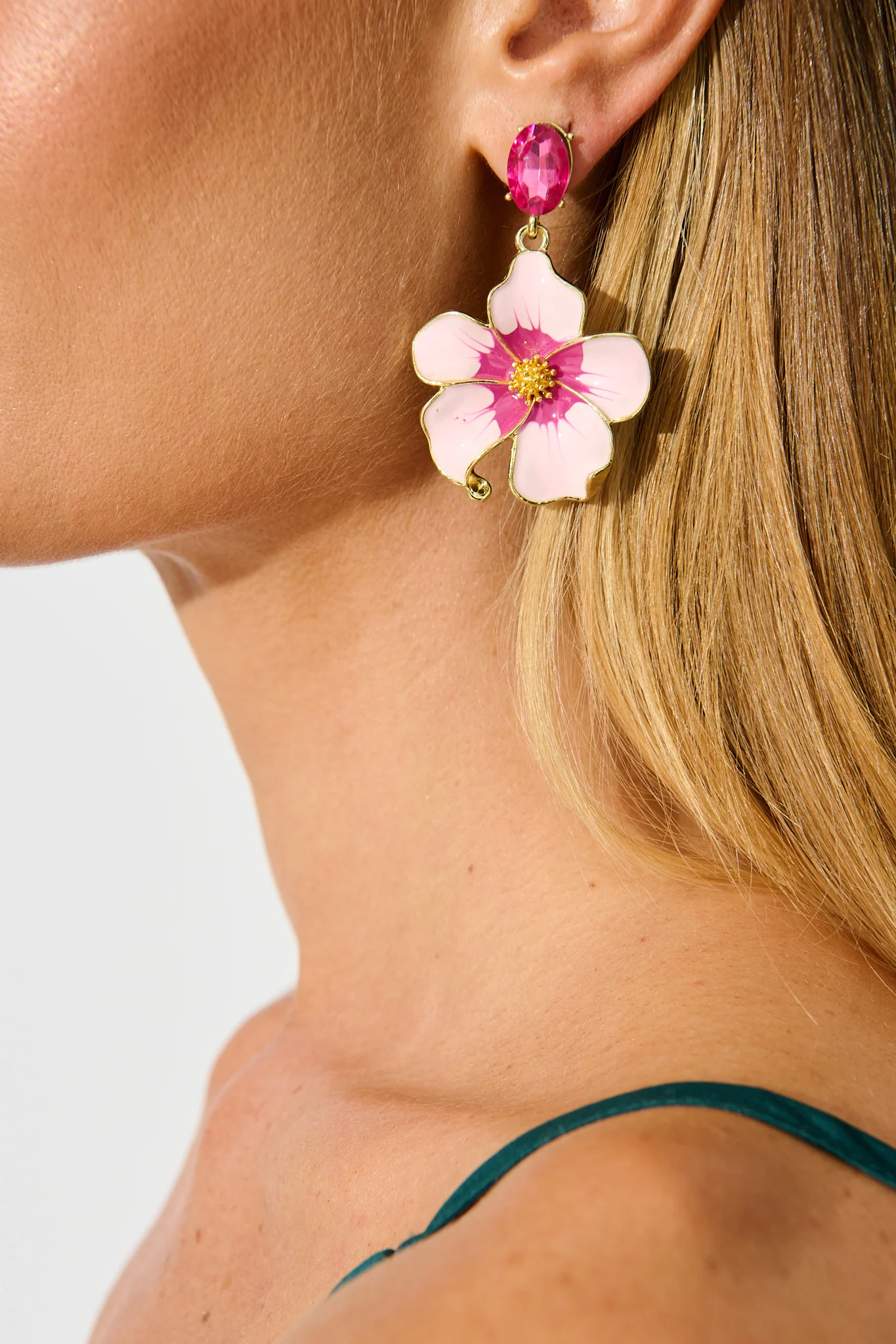 Orchid Drop Earrings in Pink Enamel with Stone - Image 4