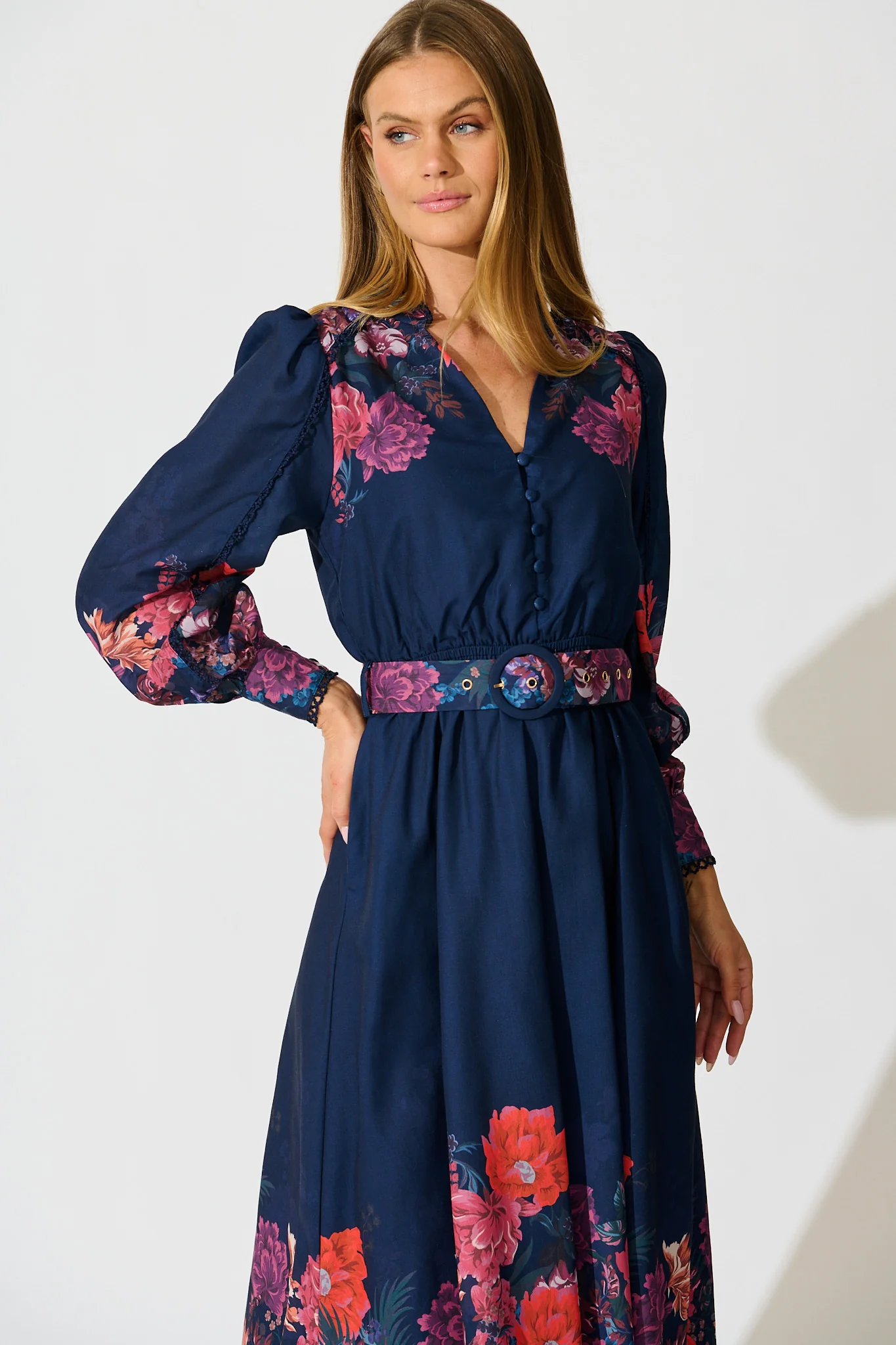 Orchid Trace Midi Dress in Navy Floral Cotton Blend - Image 2