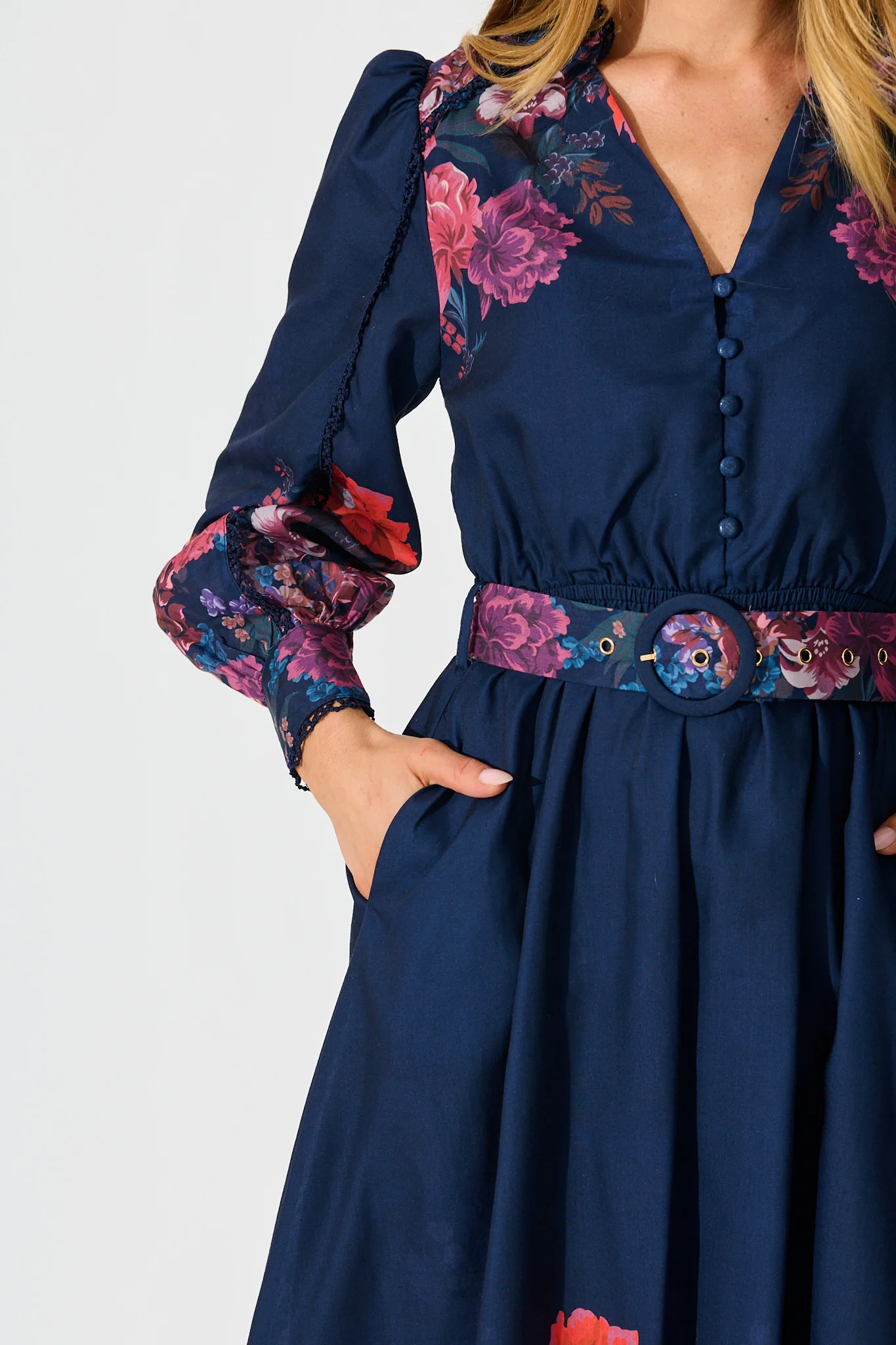 Orchid Trace Midi Dress in Navy Floral Cotton Blend - Image 5