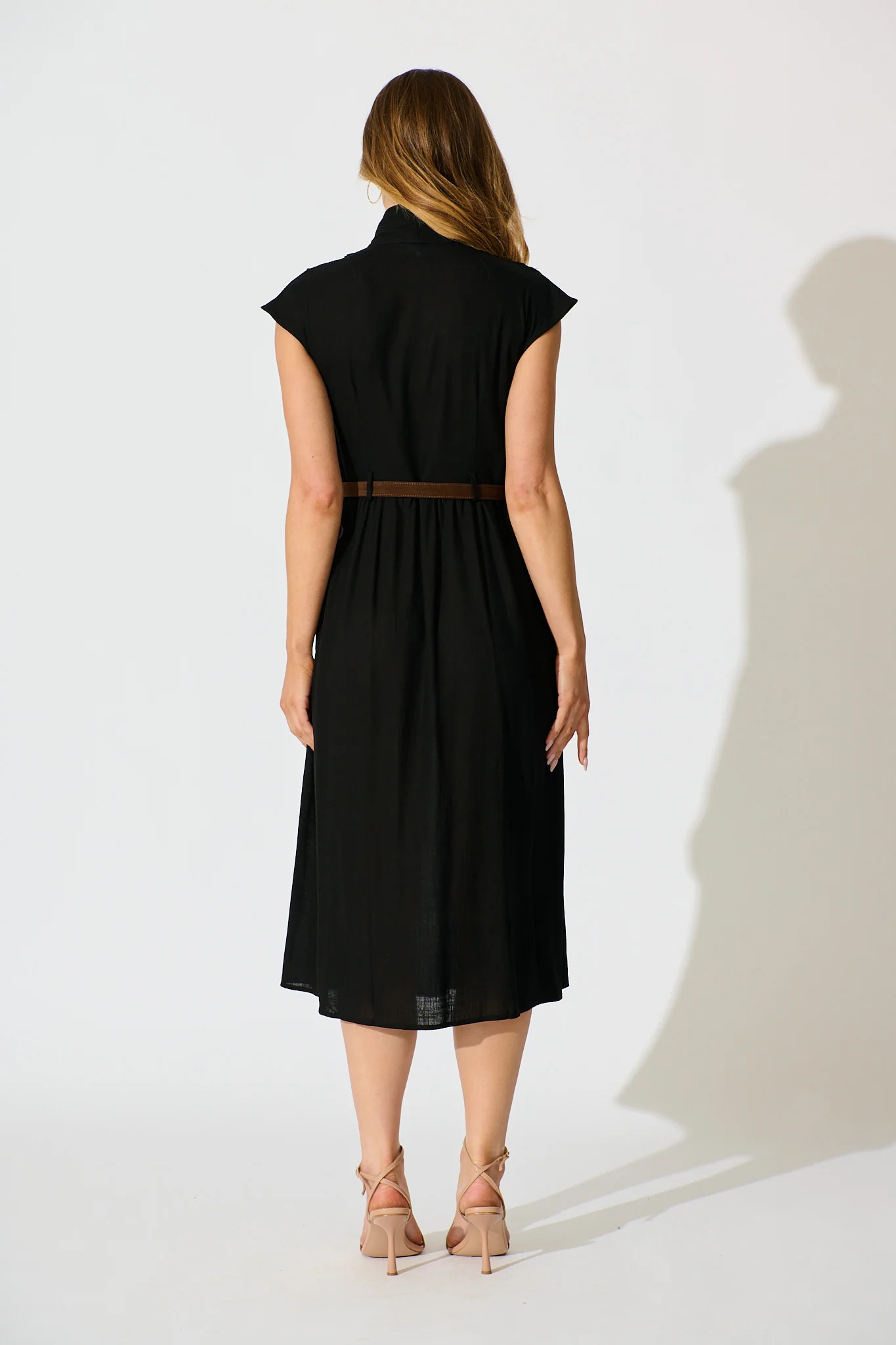 Ordella Midi Dress in Black Linen Blend with Belt - Image 4