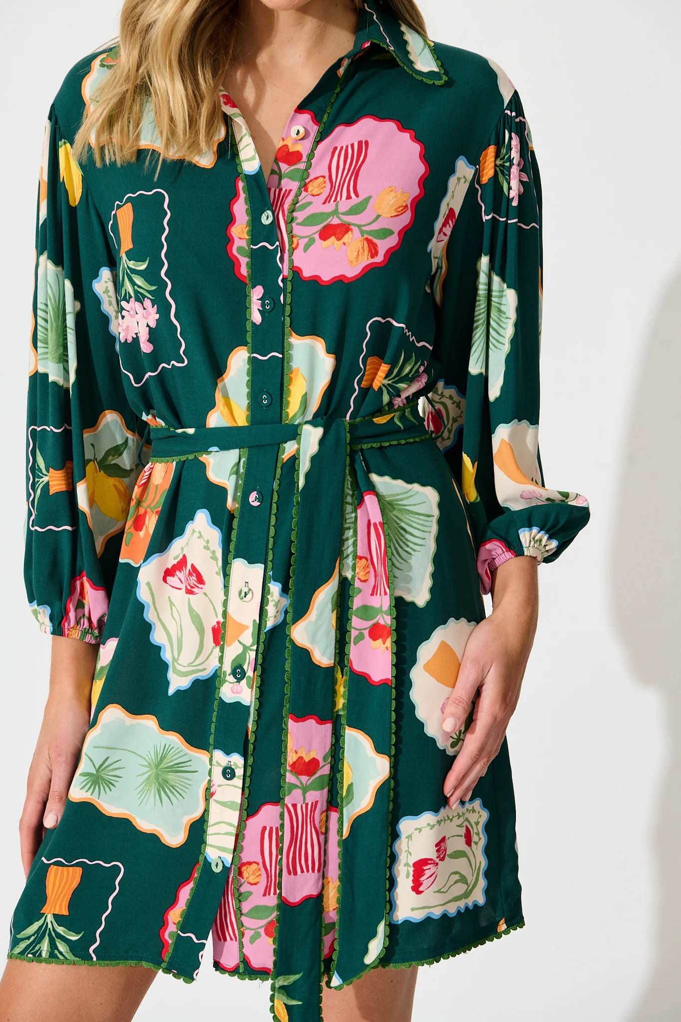 Oriella Shirt Dress in Emerald Postcard Print - Image 5
