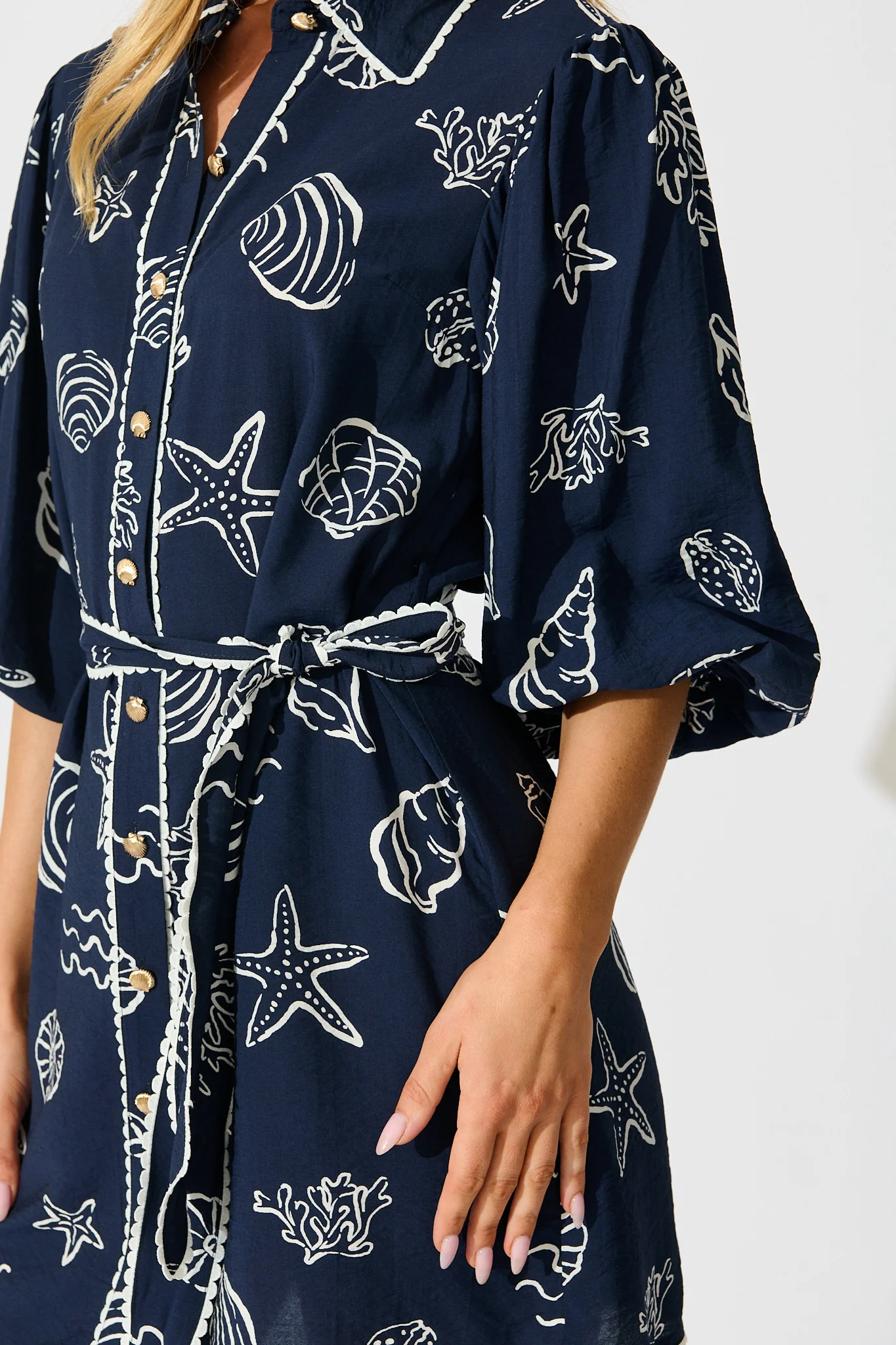 Oriella Shirt Dress in Navy with White Shell Print - Image 5