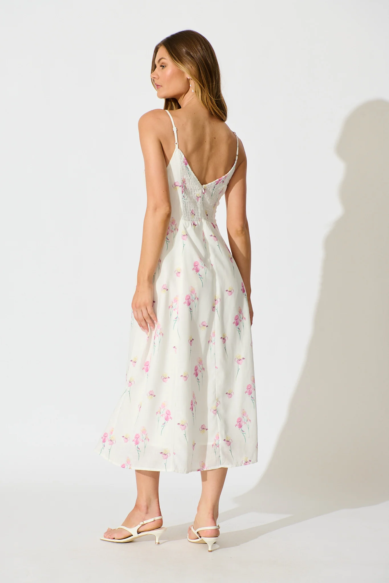 Orlaith Midi Dress in White and Pink Floral Linen Blend - Image 3