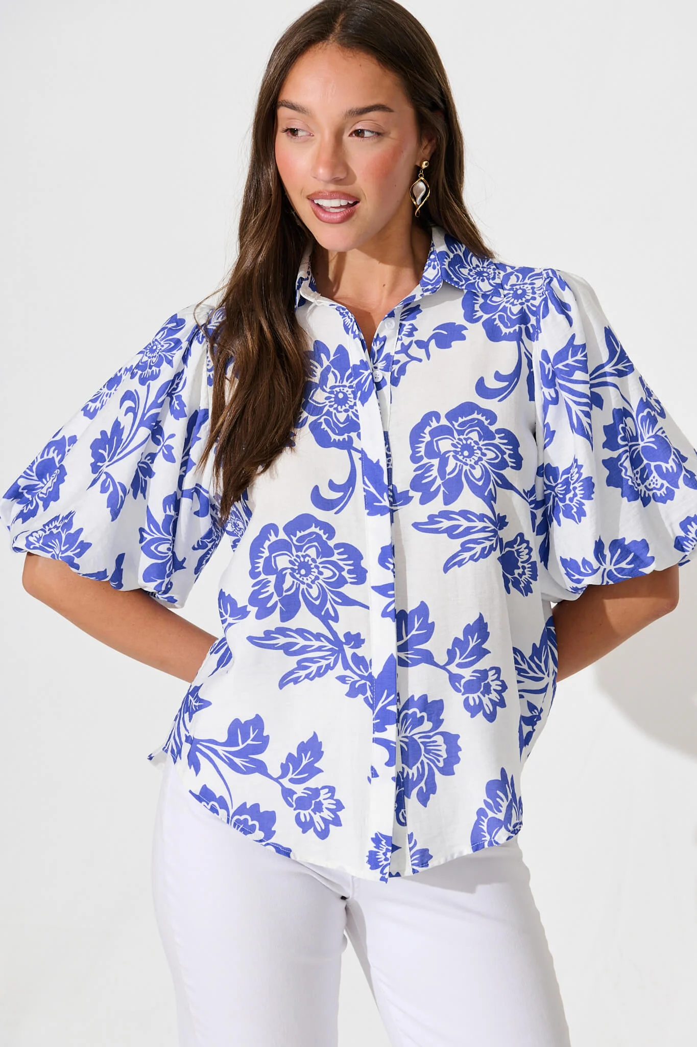 Orland Shirt In White With Blue Floral - Image 2