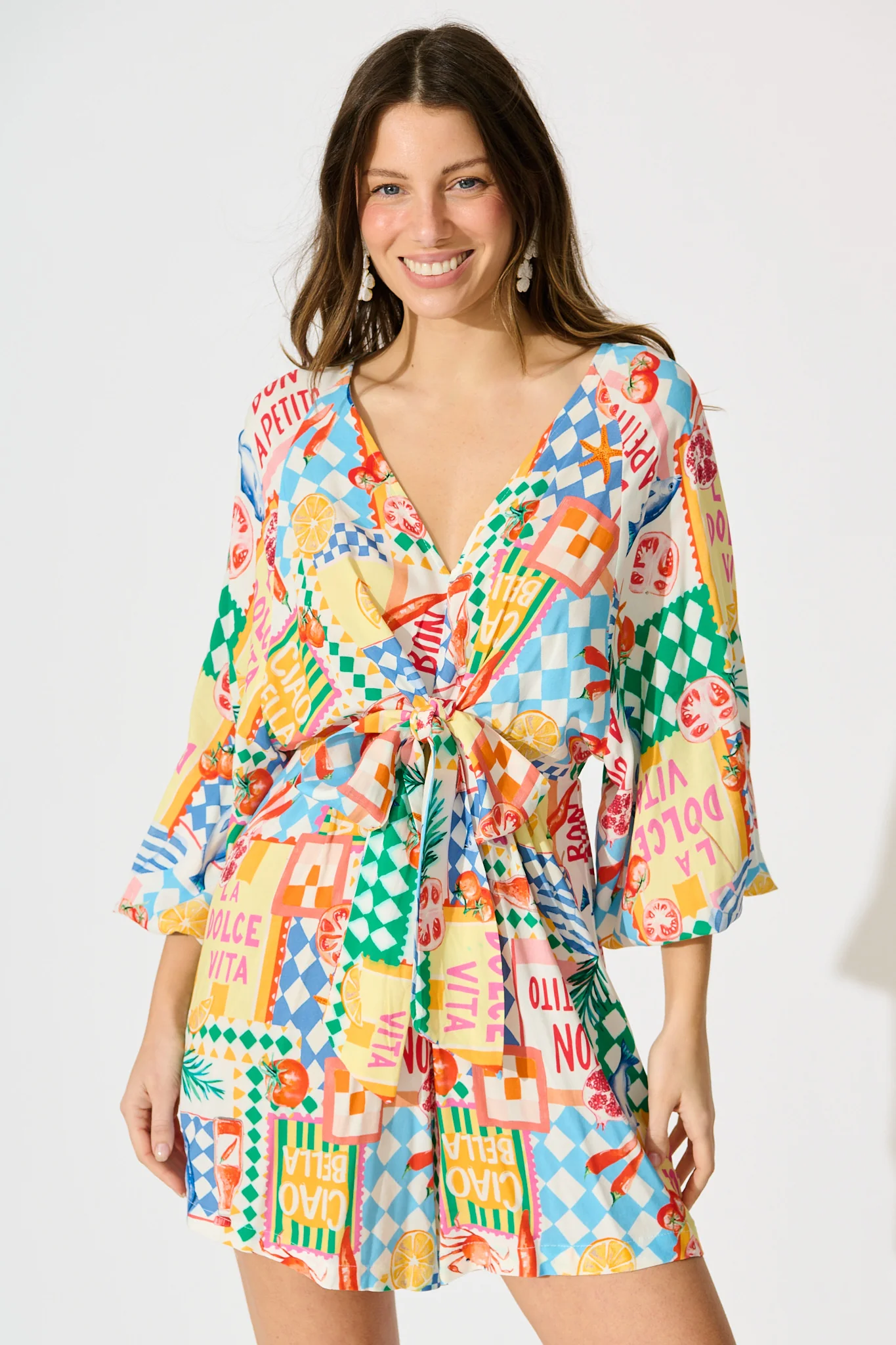 Otillie Playsuit in White Multi Conversational Print - Image 2