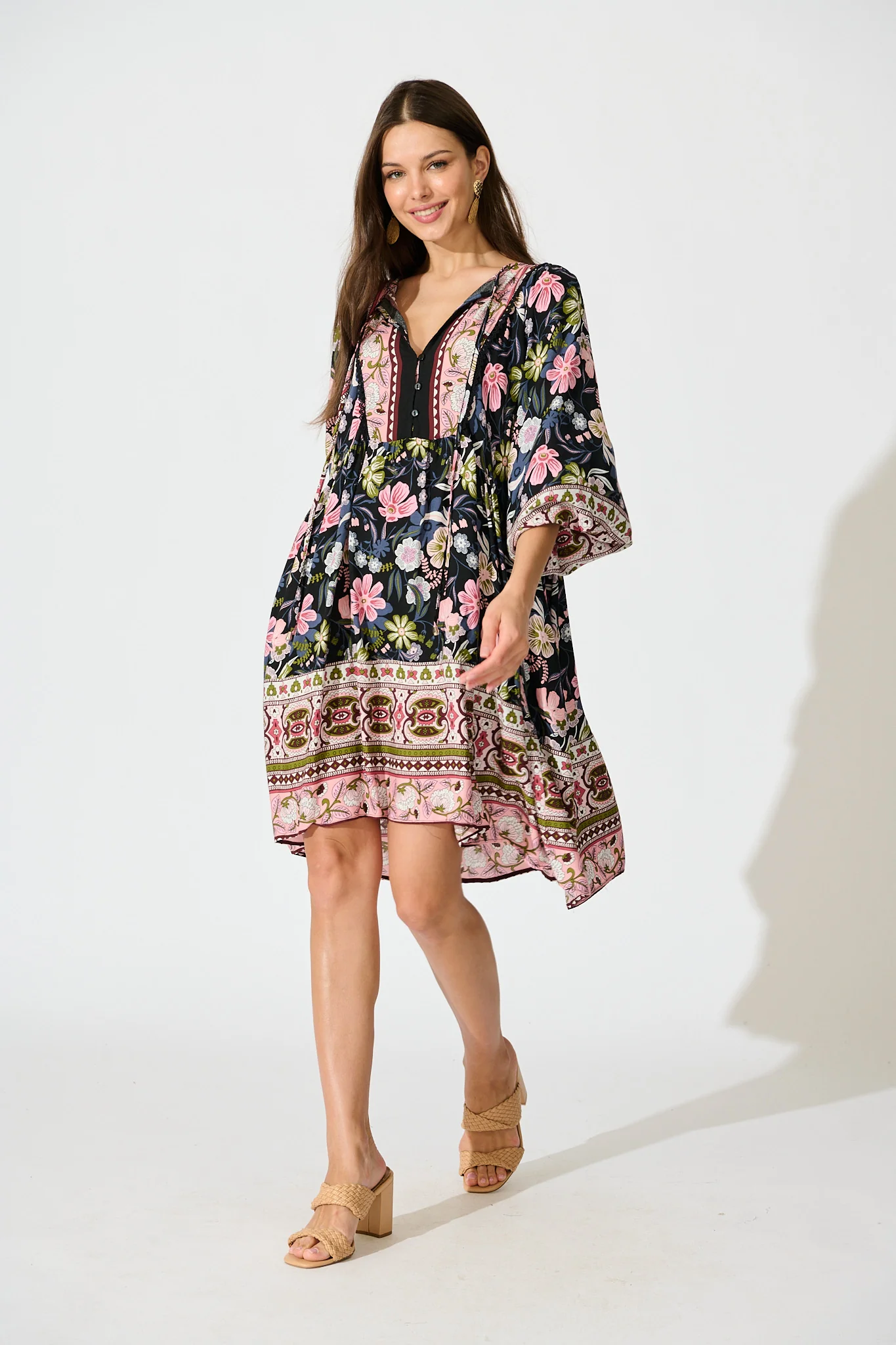 Otra Smock Dress in Black Multi Floral Print