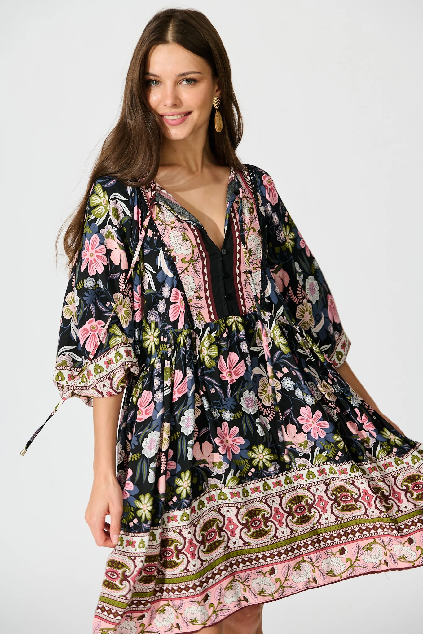 Otra Smock Dress in Black Multi Floral Print - Image 2