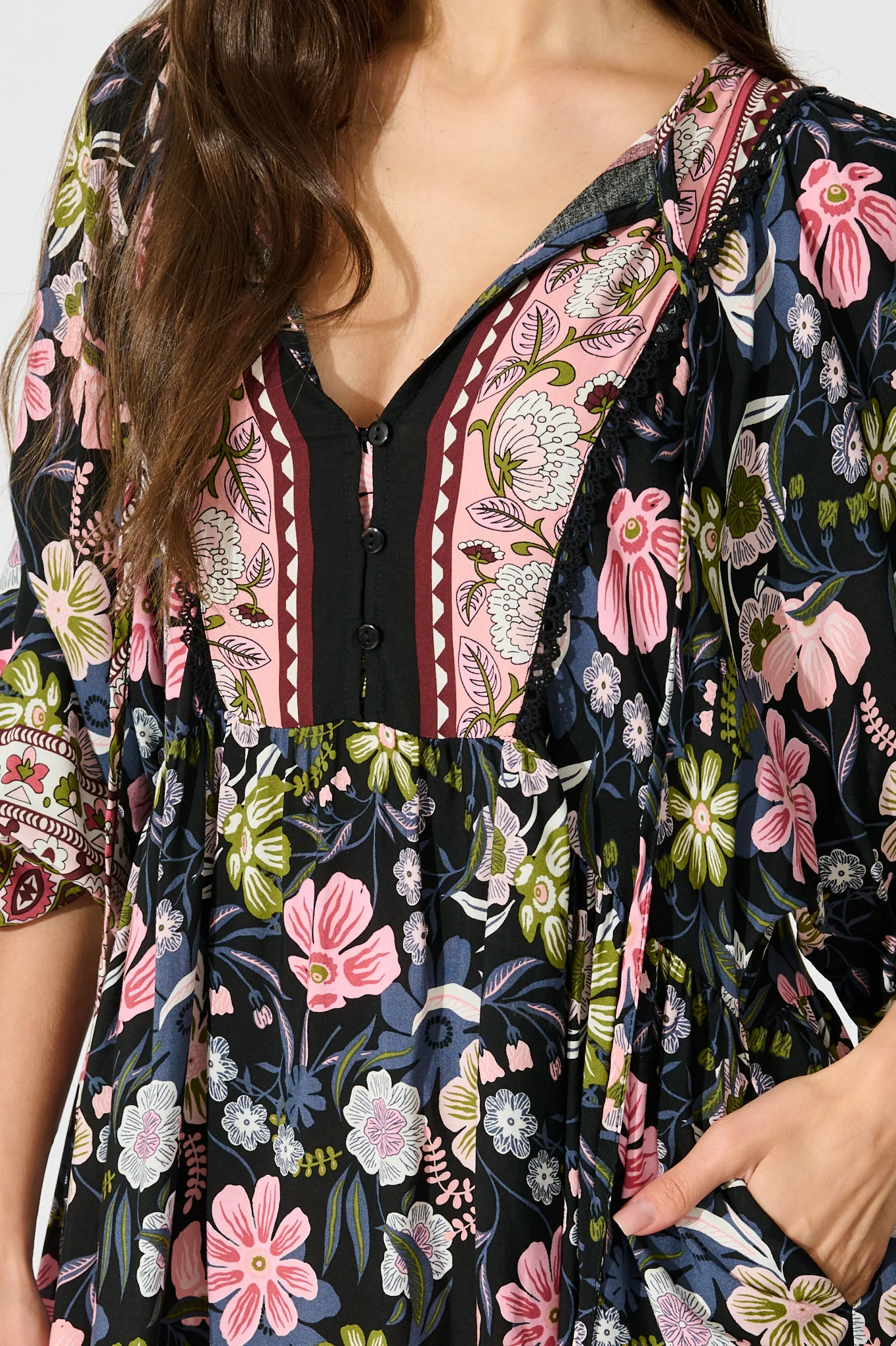 Otra Smock Dress in Black Multi Floral Print - Image 5