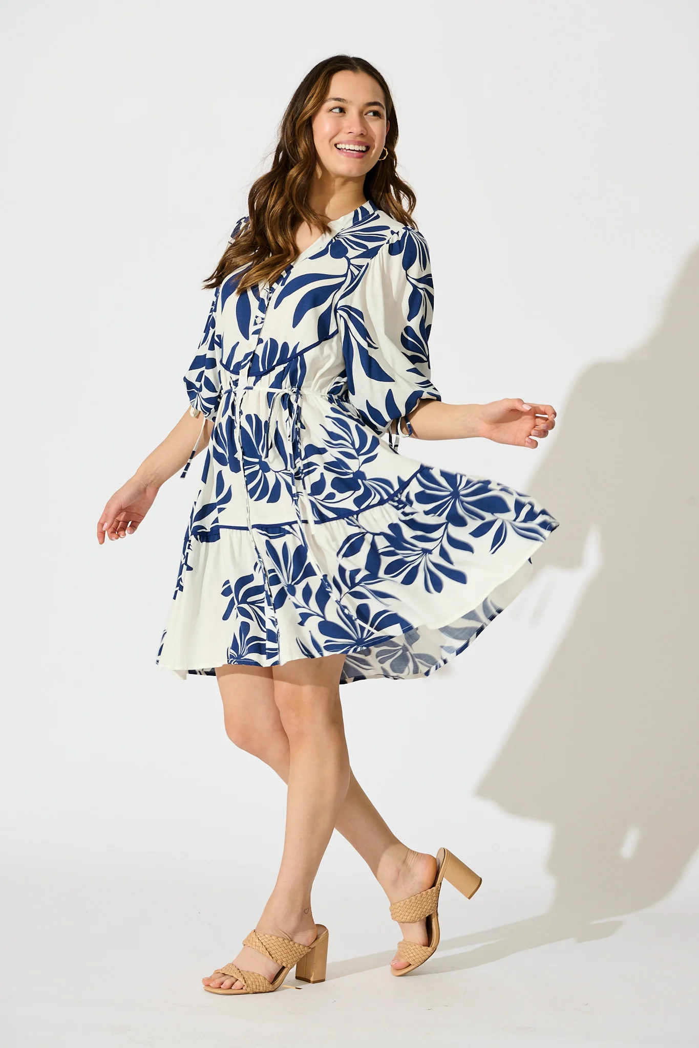 Ottilie Dress in White with Navy Leaf Linen Blend - Image 3