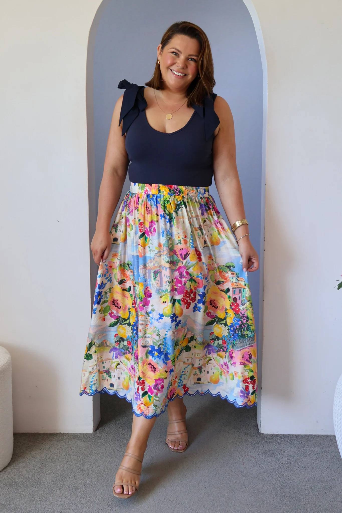 Painted Riveria Maxi Skirt in Multi Floral with Navy Trim - Image 10