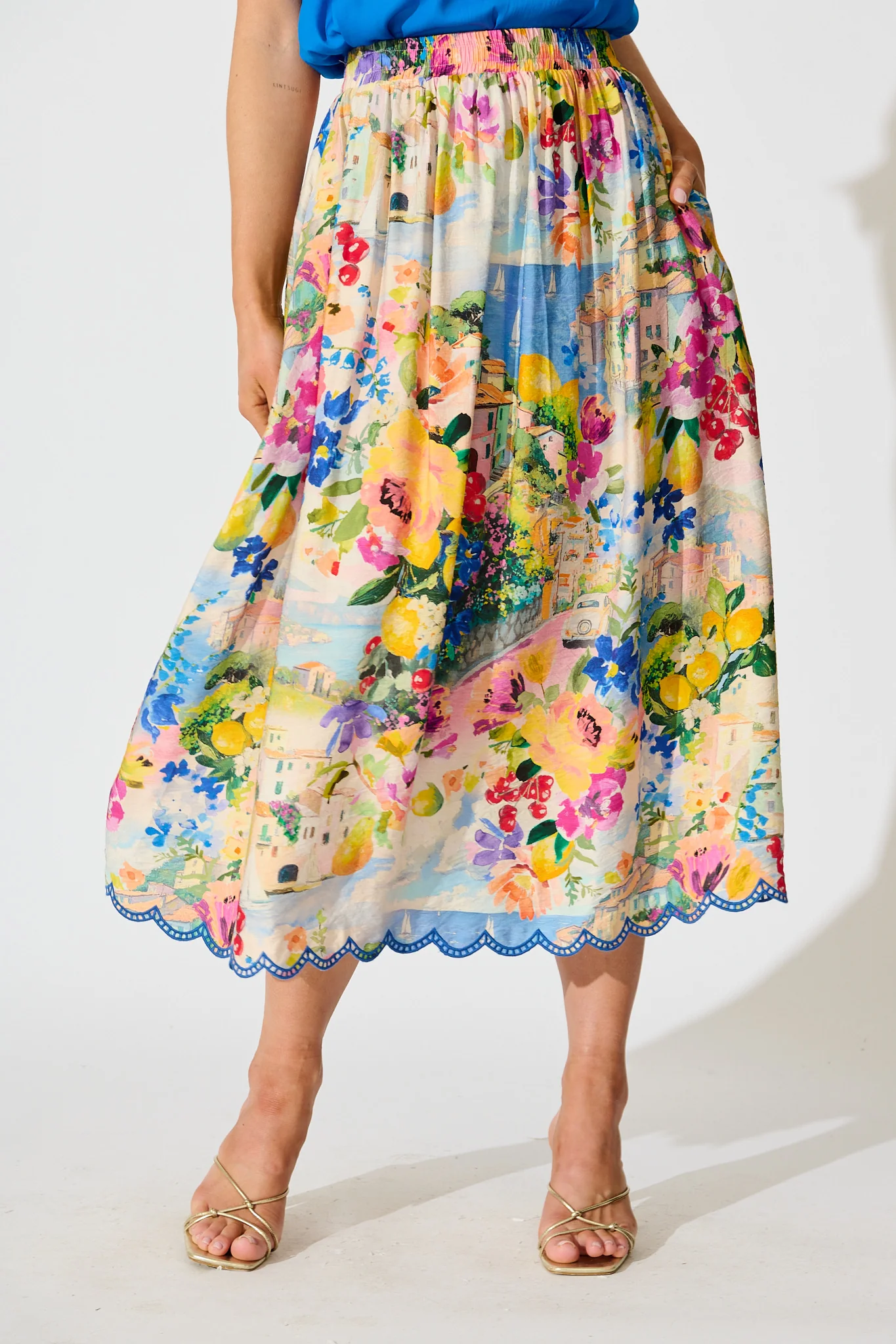 Painted Riveria Maxi Skirt in Multi Floral with Navy Trim - Image 5