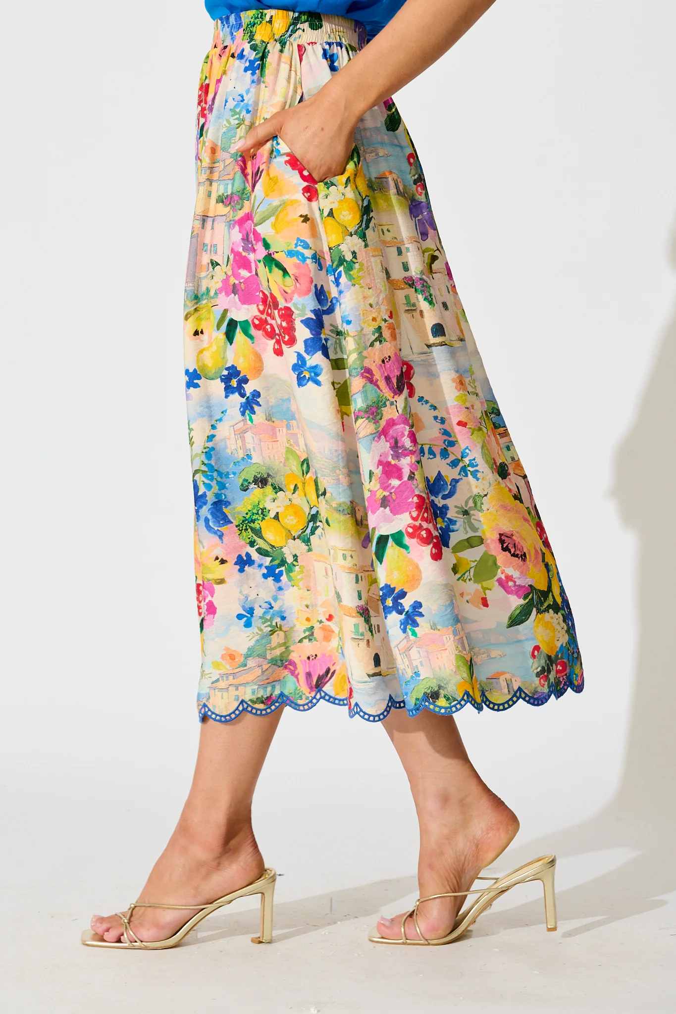 Painted Riveria Maxi Skirt in Multi Floral with Navy Trim - Image 6