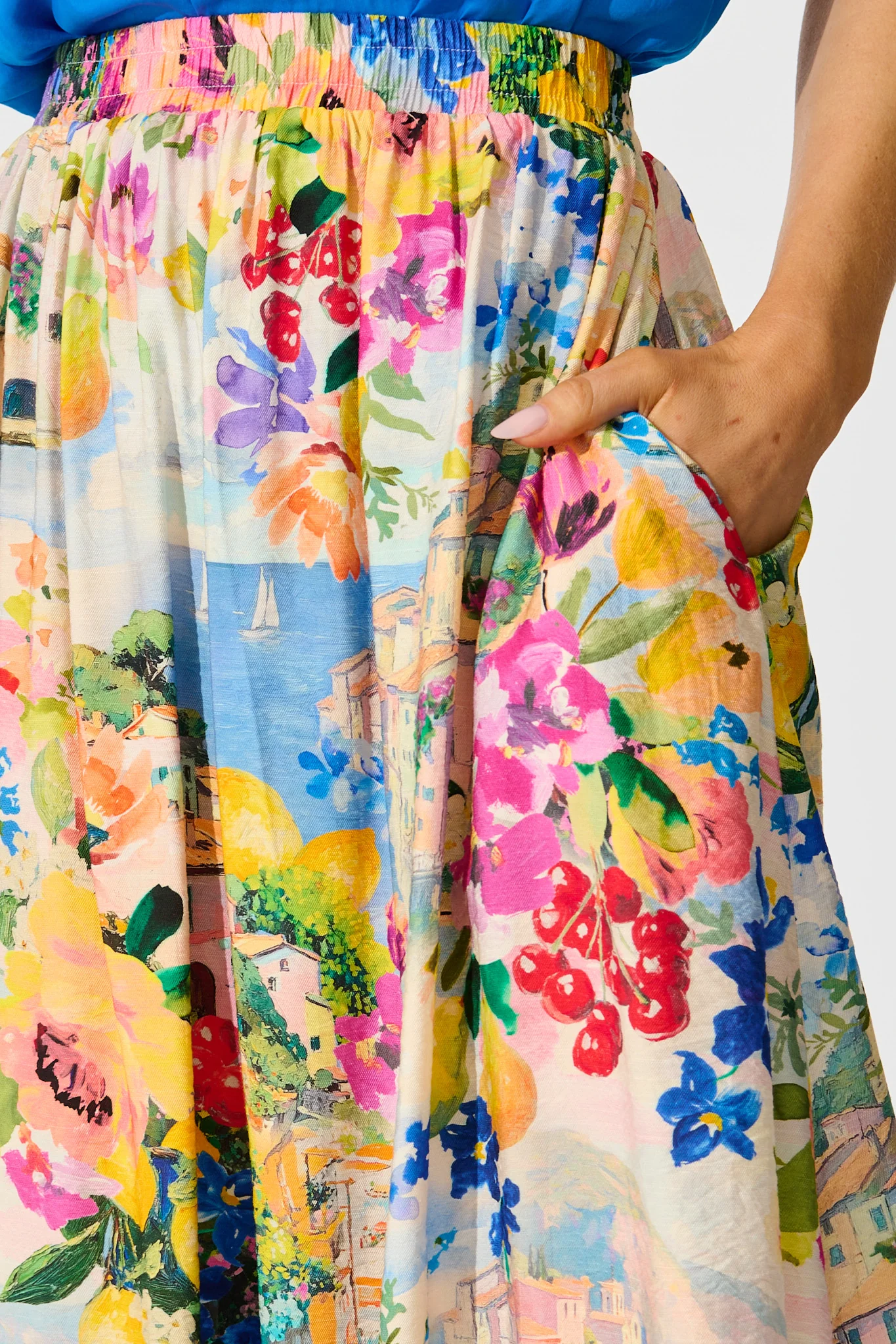 Painted Riveria Maxi Skirt in Multi Floral with Navy Trim - Image 8