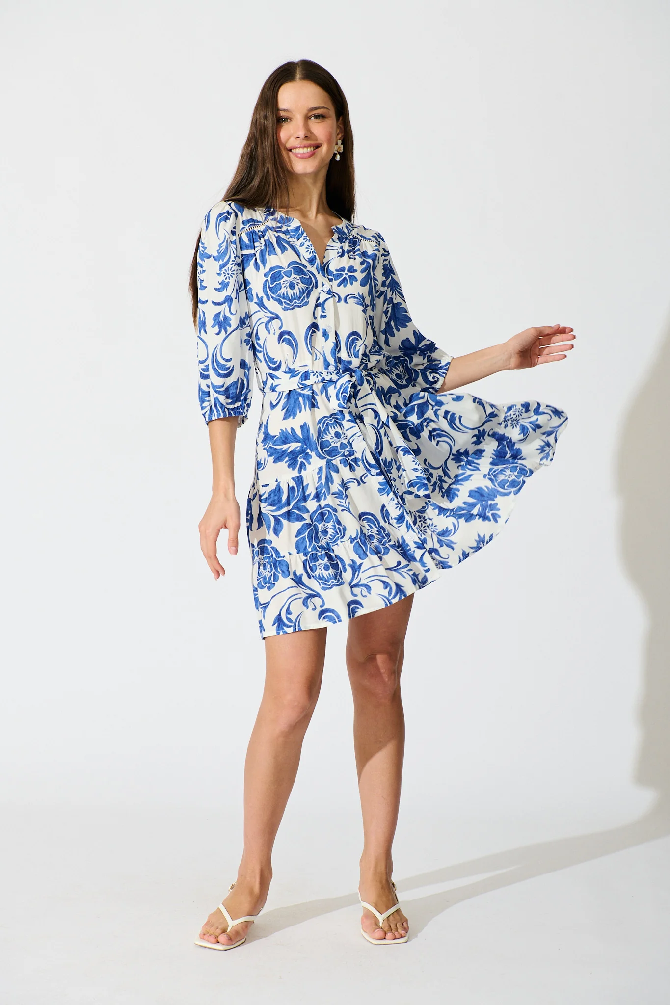 Paisley Dreams Dress in White with Blue Floral
