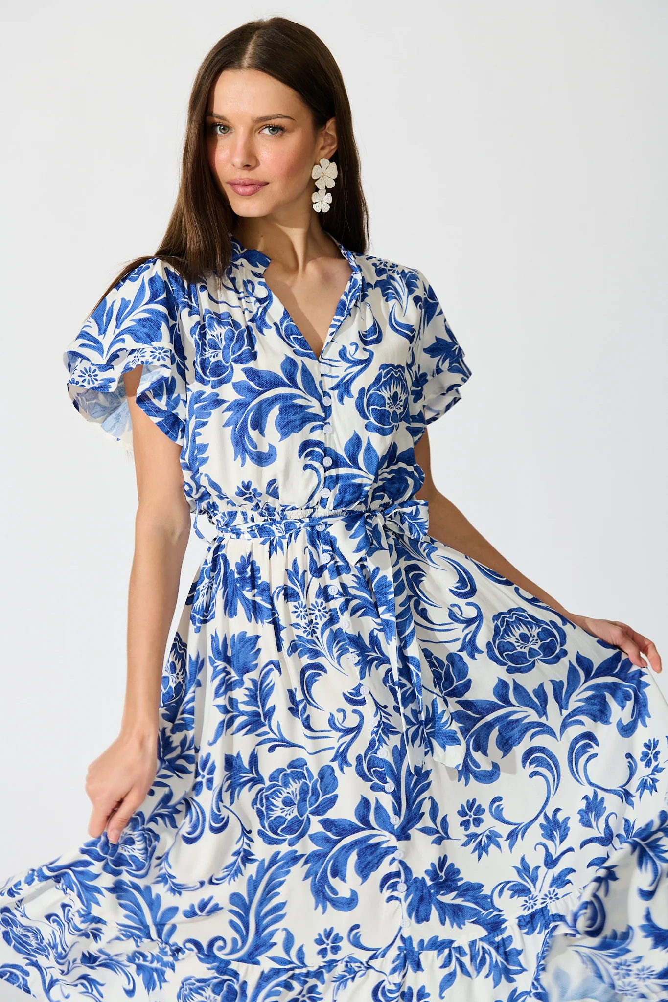 Paisley Fusion Midi Dress in White with Blue Floral - Image 2