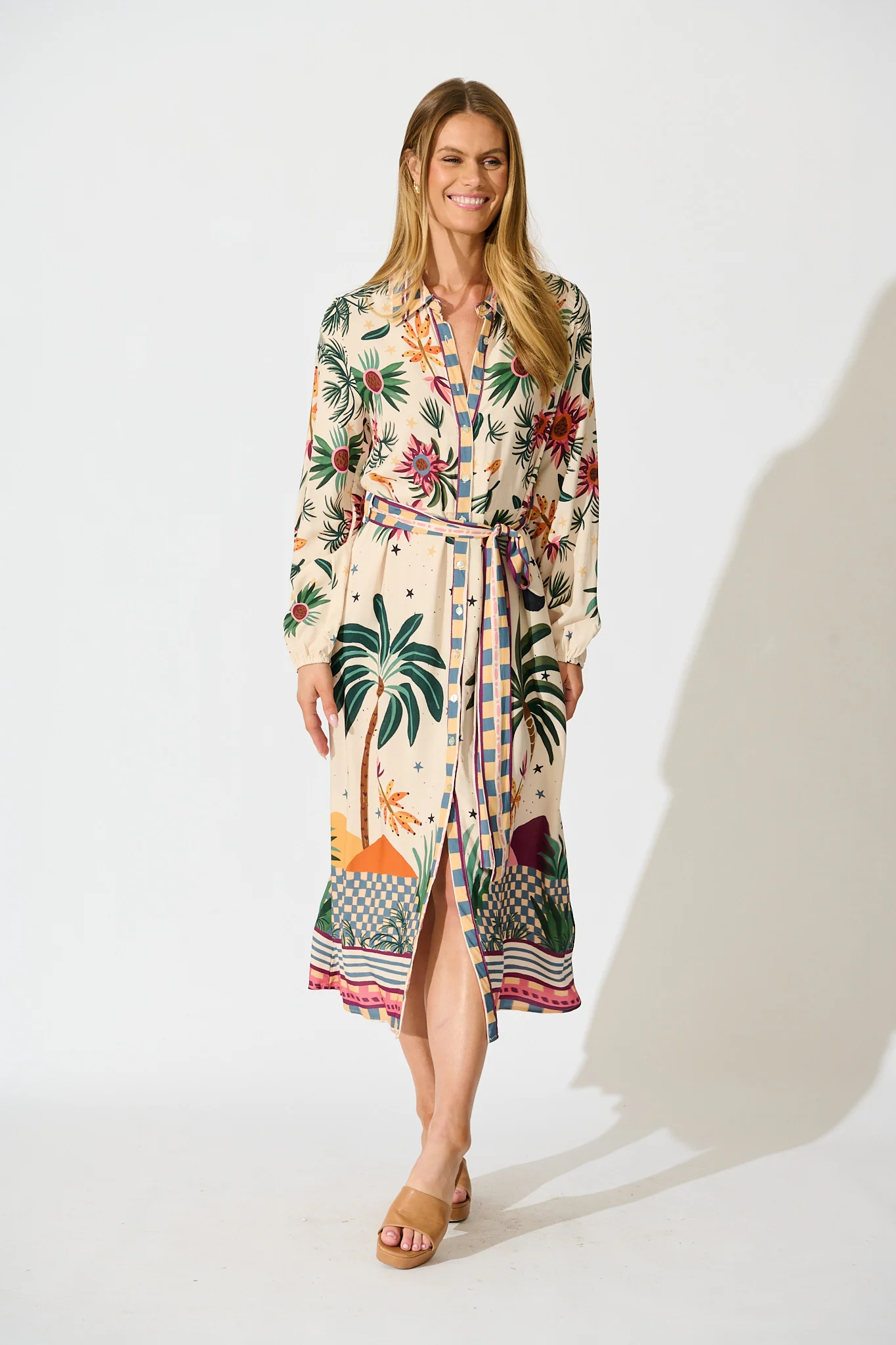 Palm Parade Midi Shirt Dress in Cream Multi Print