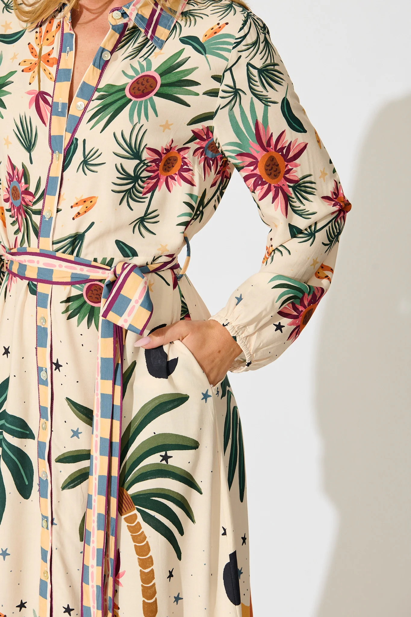 Palm Parade Midi Shirt Dress in Cream Multi Print - Image 5