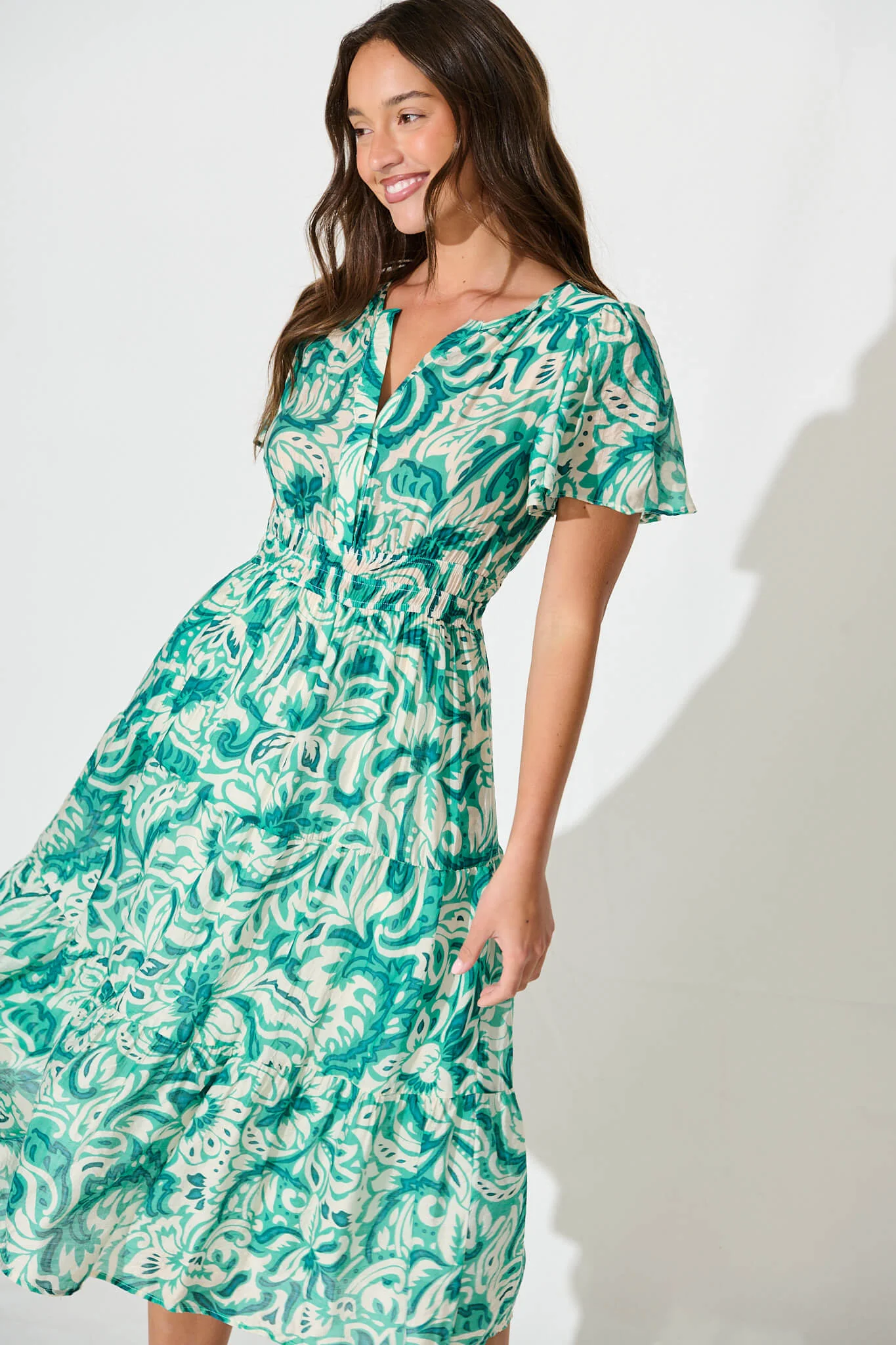 Palm Springs Midi Dress in Green and White Print - Image 2