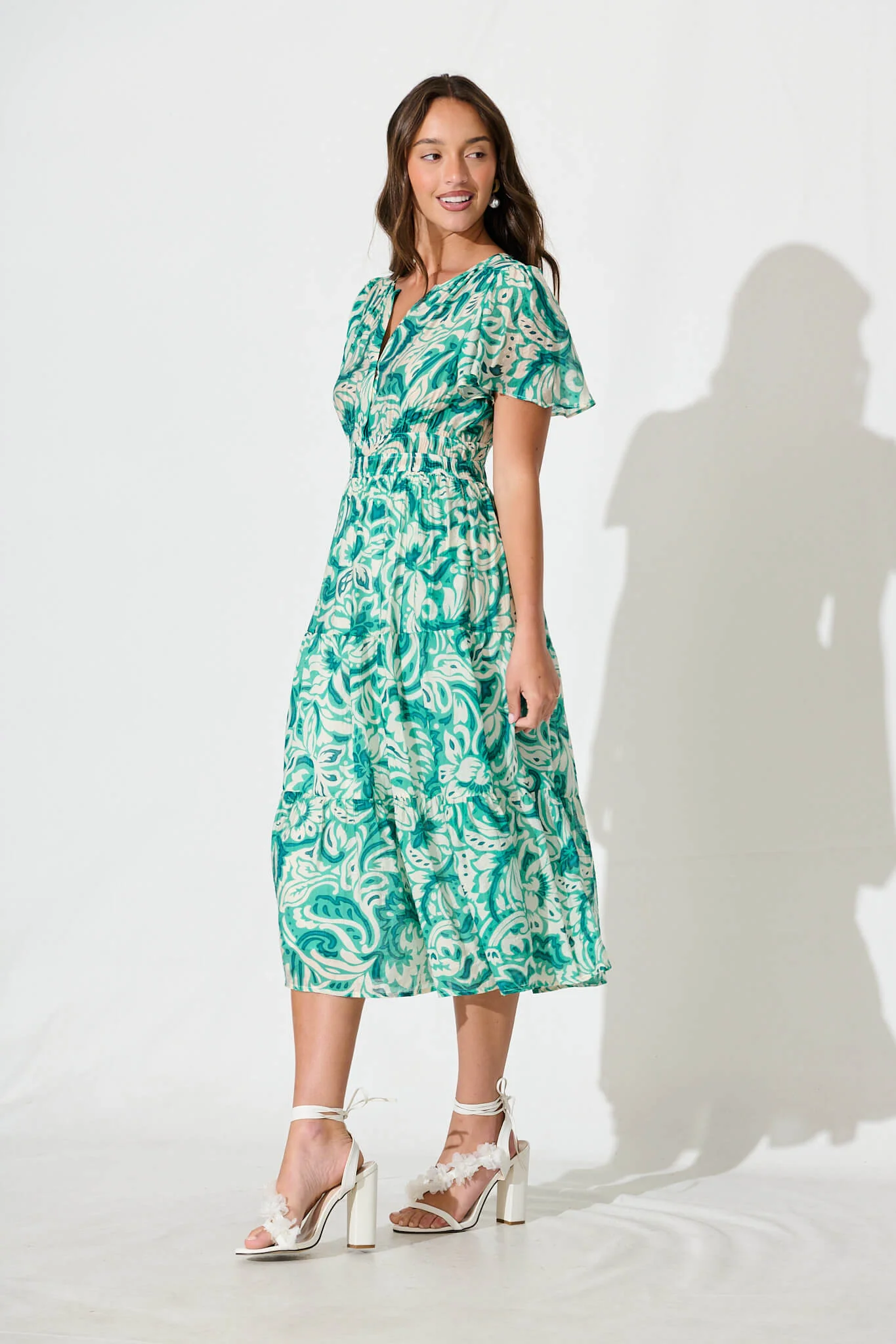 Palm Springs Midi Dress in Green and White Print - Image 3