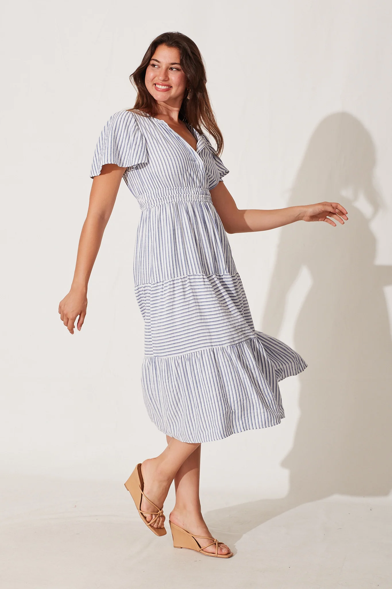Palm Springs Midi Dress In White And Blue Stripe - Image 3
