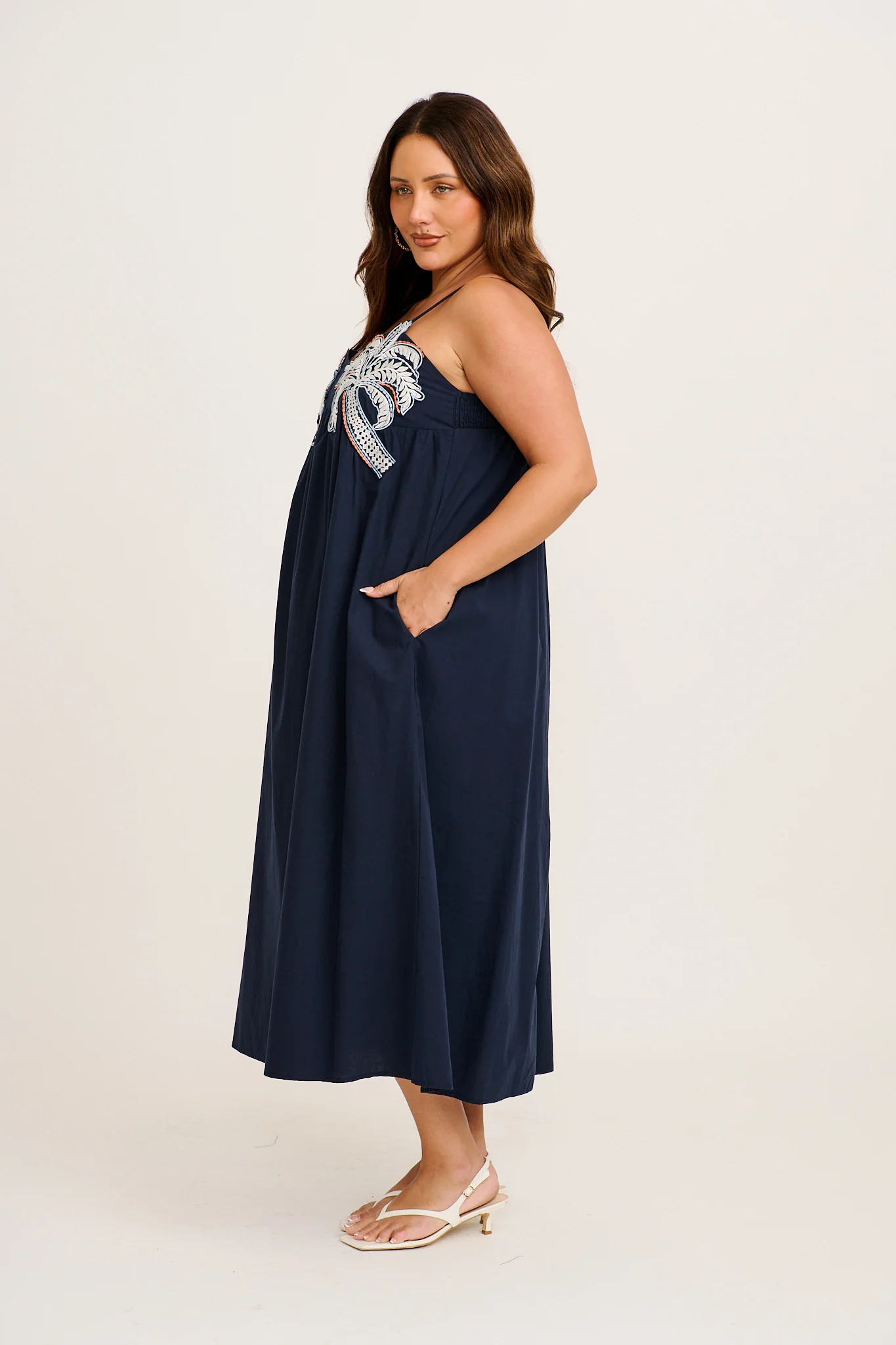 Palmera Midi Sundress in Navy with Palm Tree Embroidery Cotton - Image 10