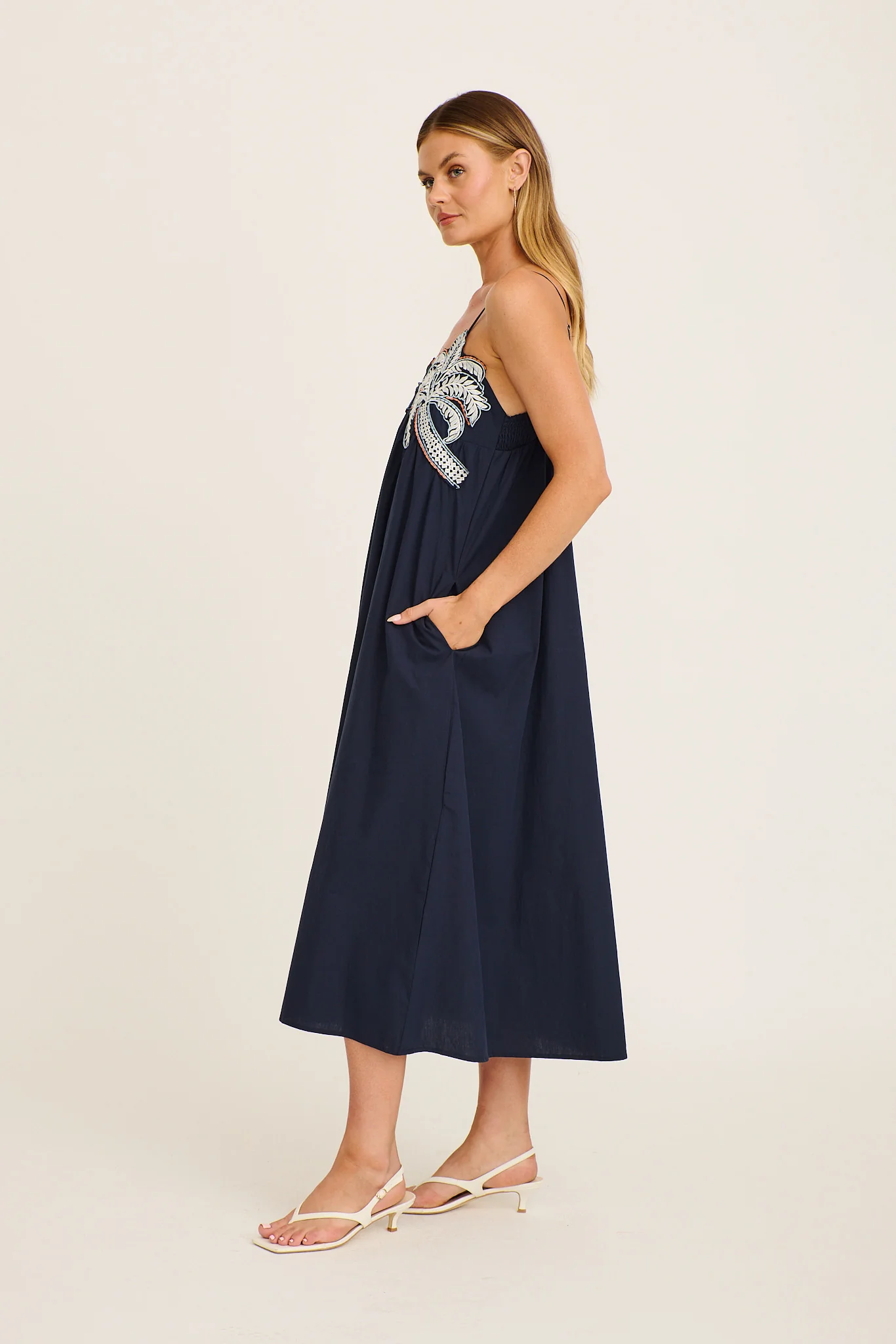 Palmera Midi Sundress in Navy with Palm Tree Embroidery Cotton - Image 7