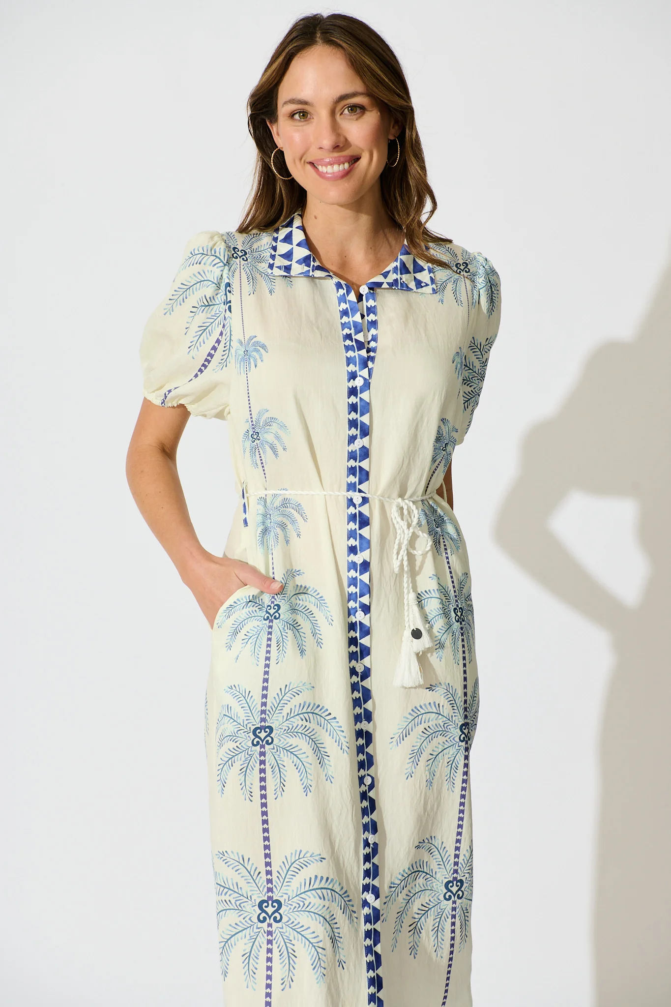 Palmira Midi Shirt Dress in Cream with Navy Palm Tree - Image 2