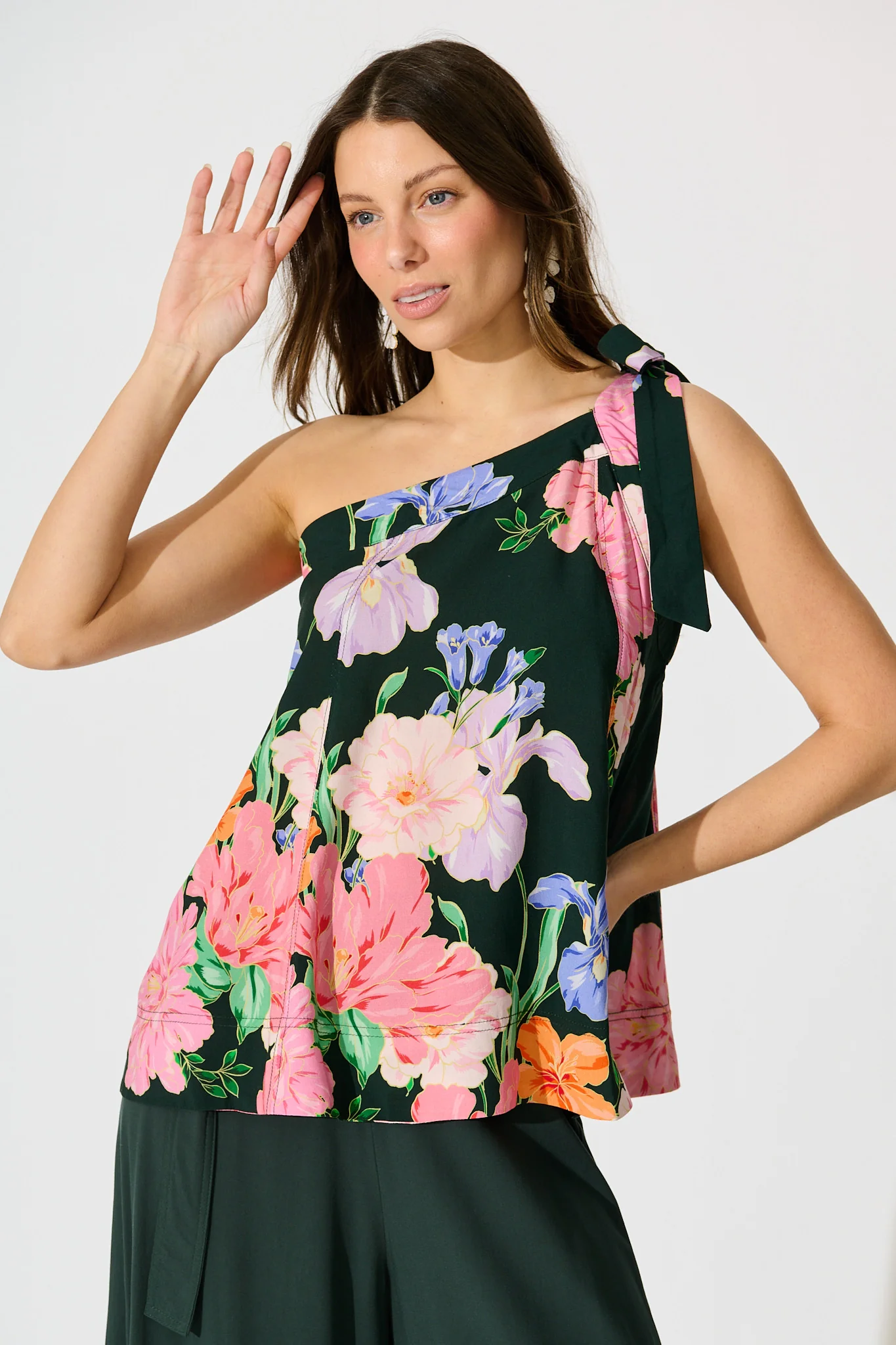 Paloma Fleur One Shoulder Top in Green with Multi Floral - Image 3