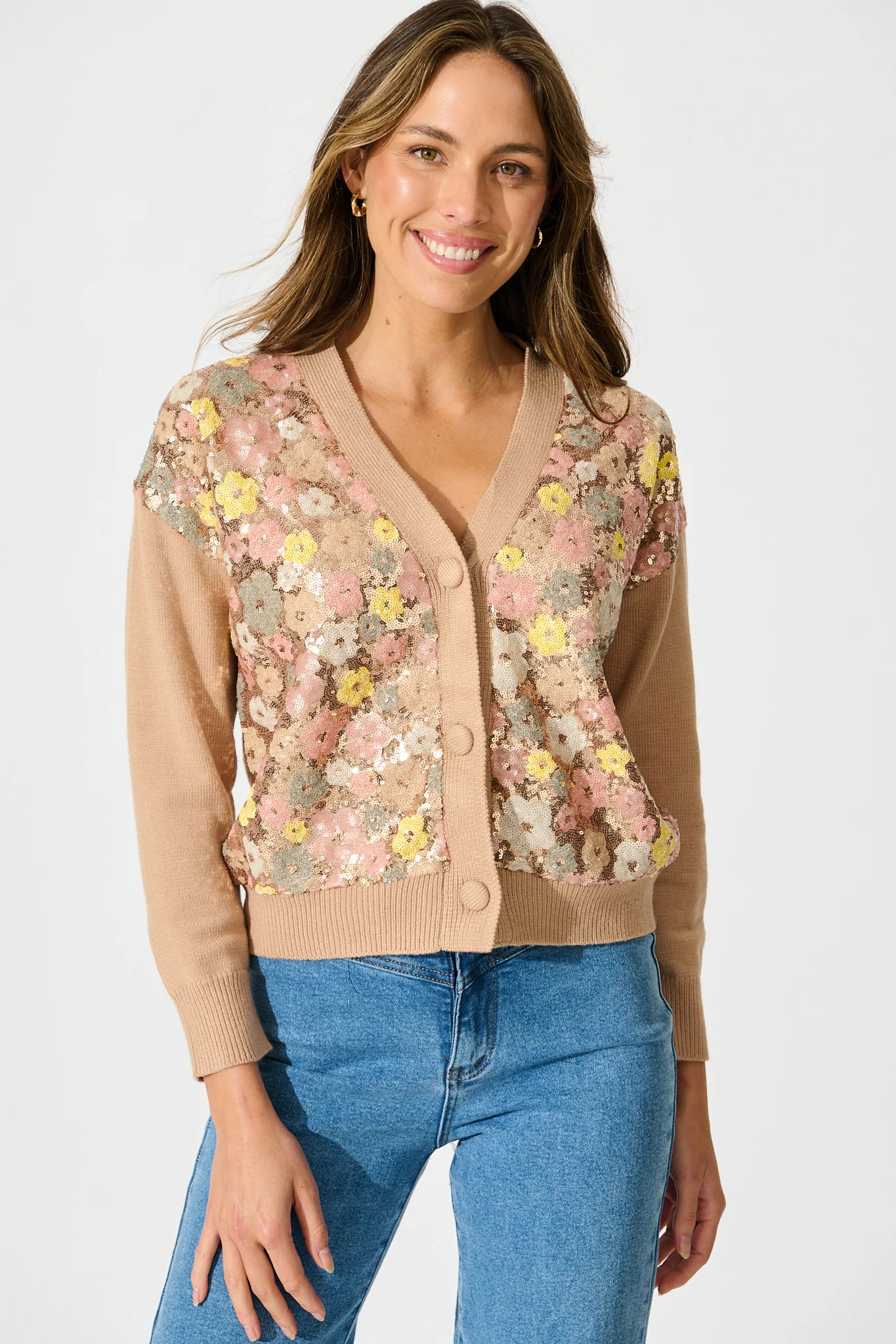 Pandia Knit Cardigan In Brown With Flower Sequin Wool Blend
