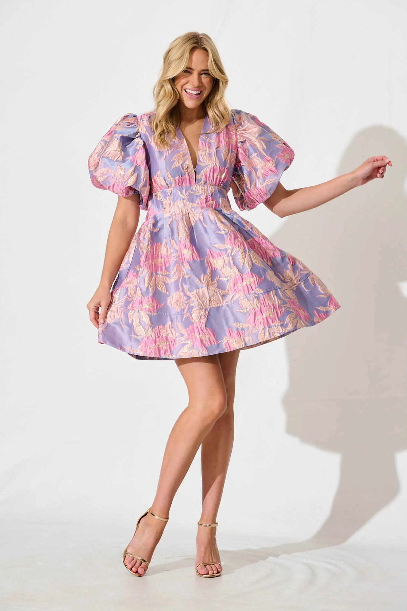 Paris Dreamer Dress in Lilac and Pink Metallic Jacquard - Image 2