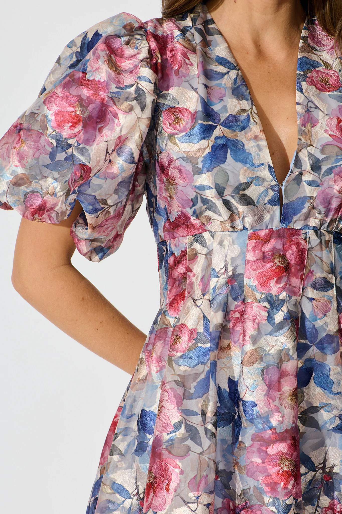 Paris Dreamer Dress in Navy with Pink Floral Organza - Image 6