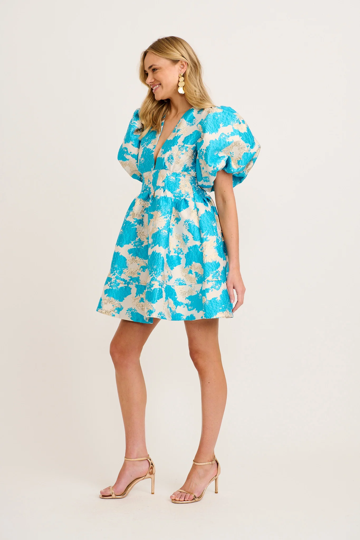 Paris Dreamer Dress In Pale Gold With Aqua Jacquard - Image 3