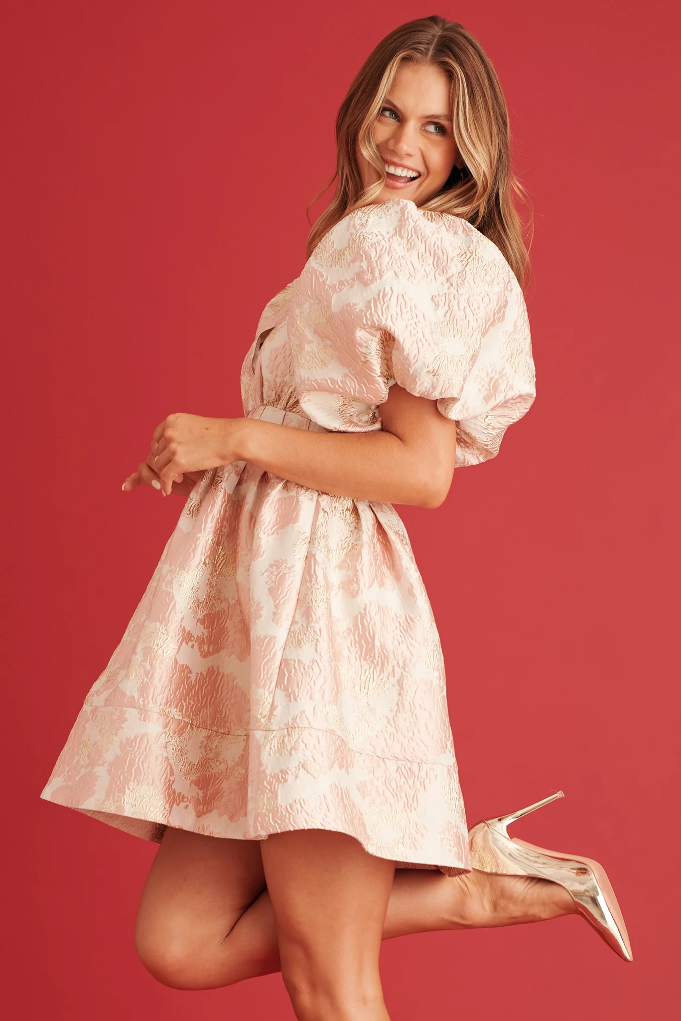 Paris Dreamer Dress in Blush with Gold Jacquard - Image 3