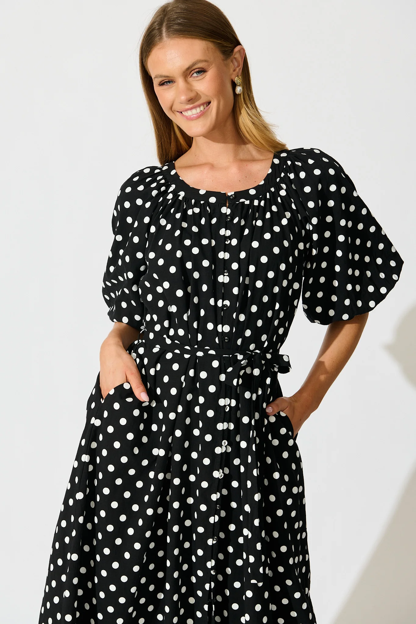 Parisian Dot Midi Dress in Black with White Polka Dot - Image 2