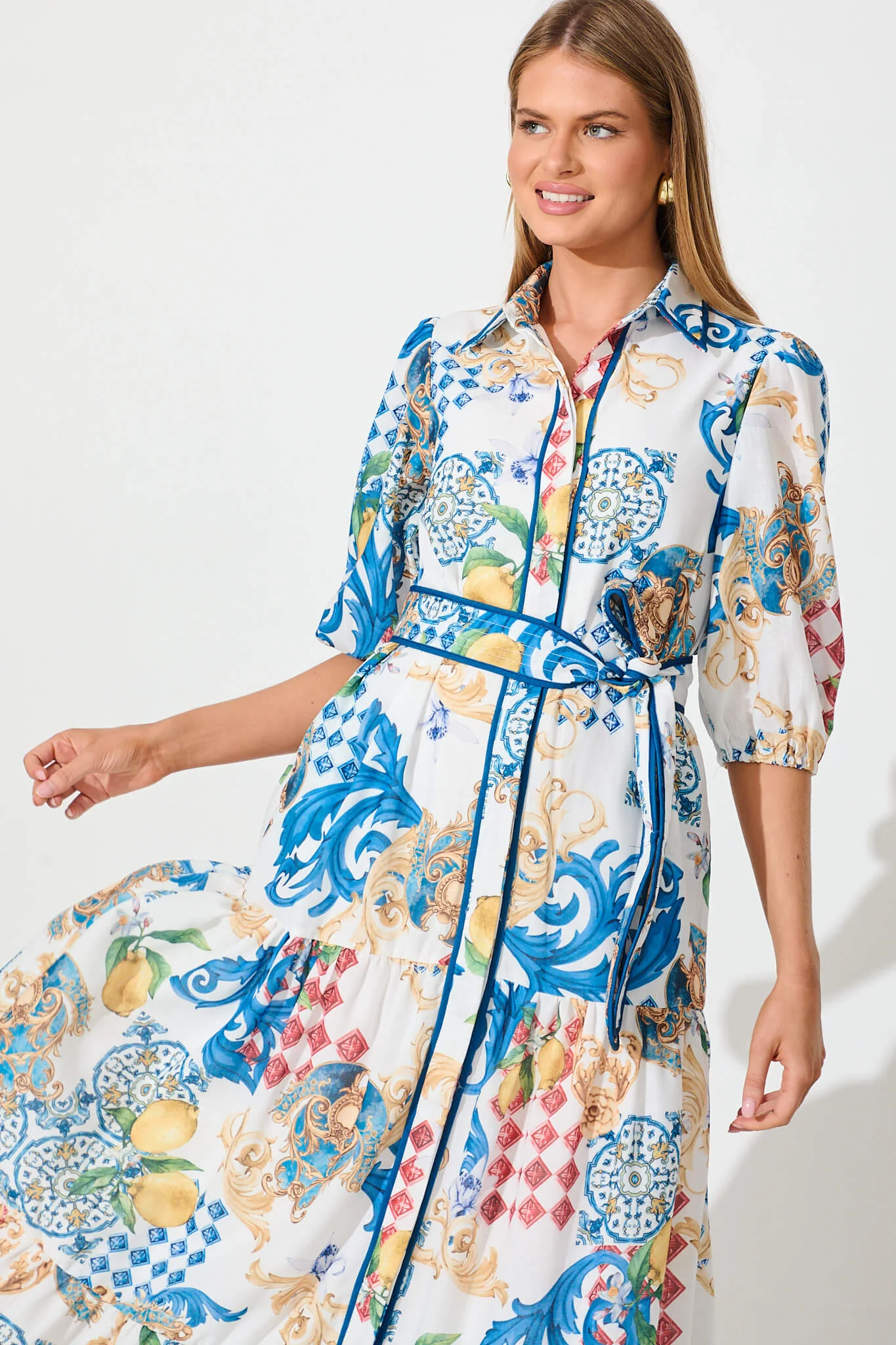 Pasadena Maxi Shirt Dress In White Multi Linen Blend - Image 2