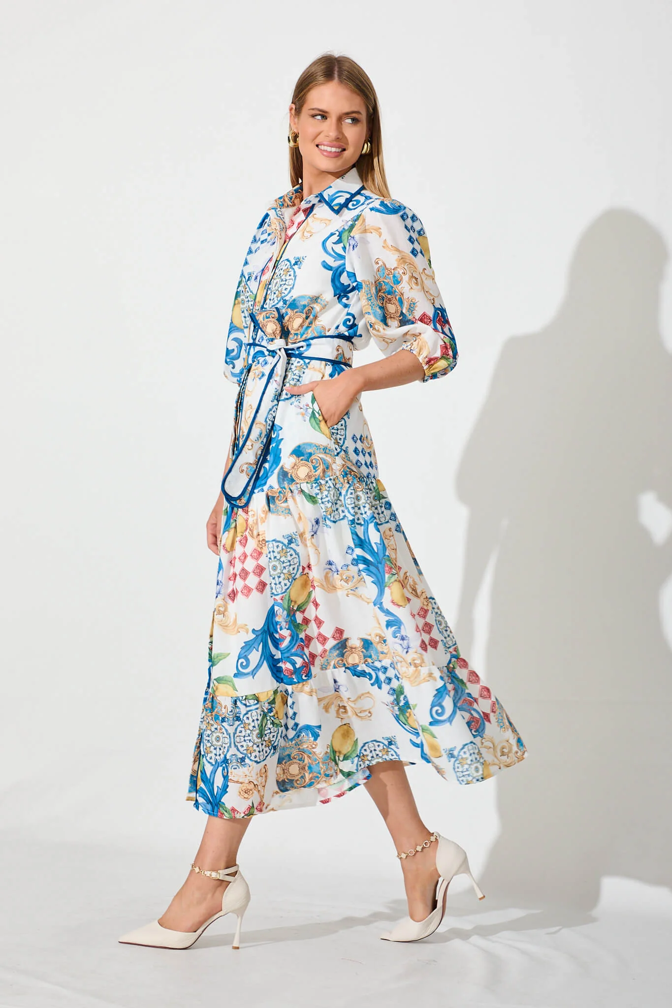 Pasadena Maxi Shirt Dress In White Multi Linen Blend - Image 3