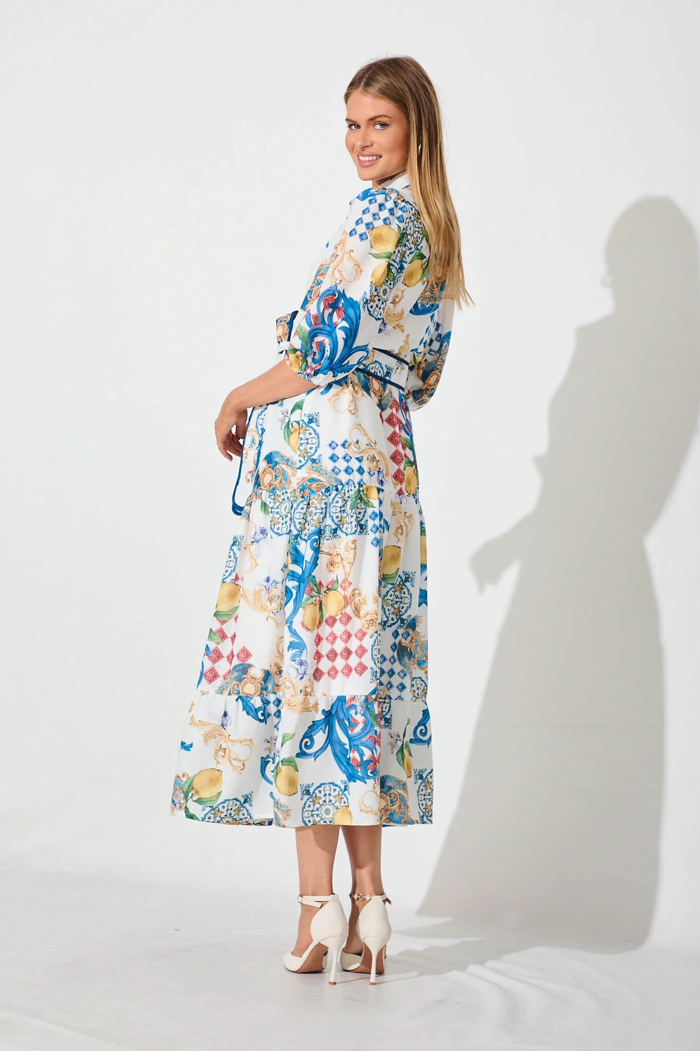 Pasadena Maxi Shirt Dress In White Multi Linen Blend - Image 4