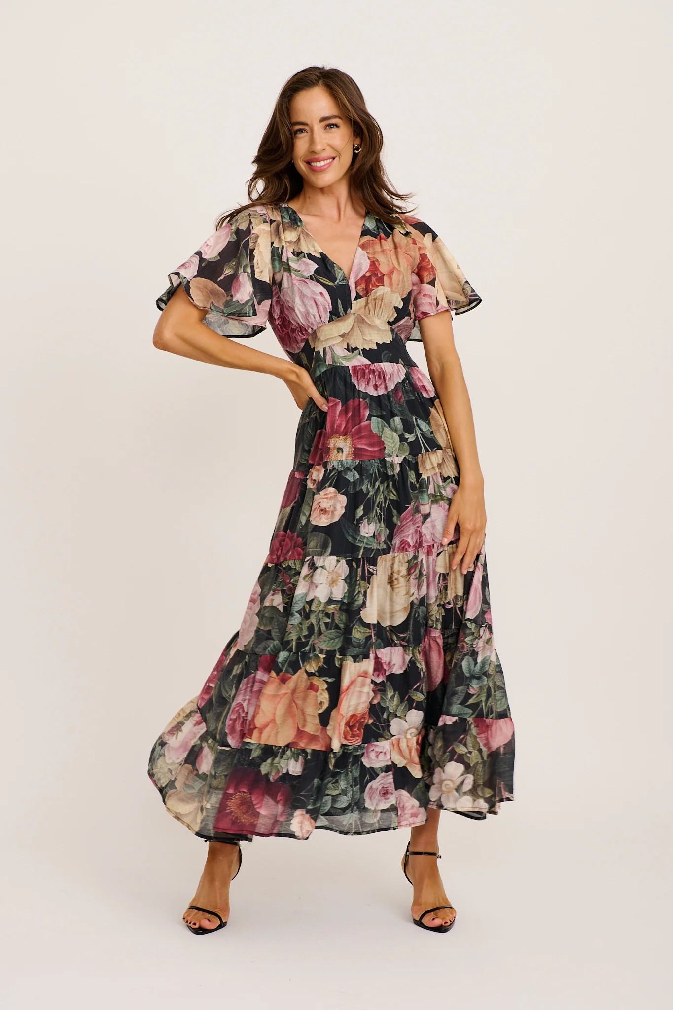 PRE ORDER Pastel Symphony Maxi Dress in Black with Multi Floral Print