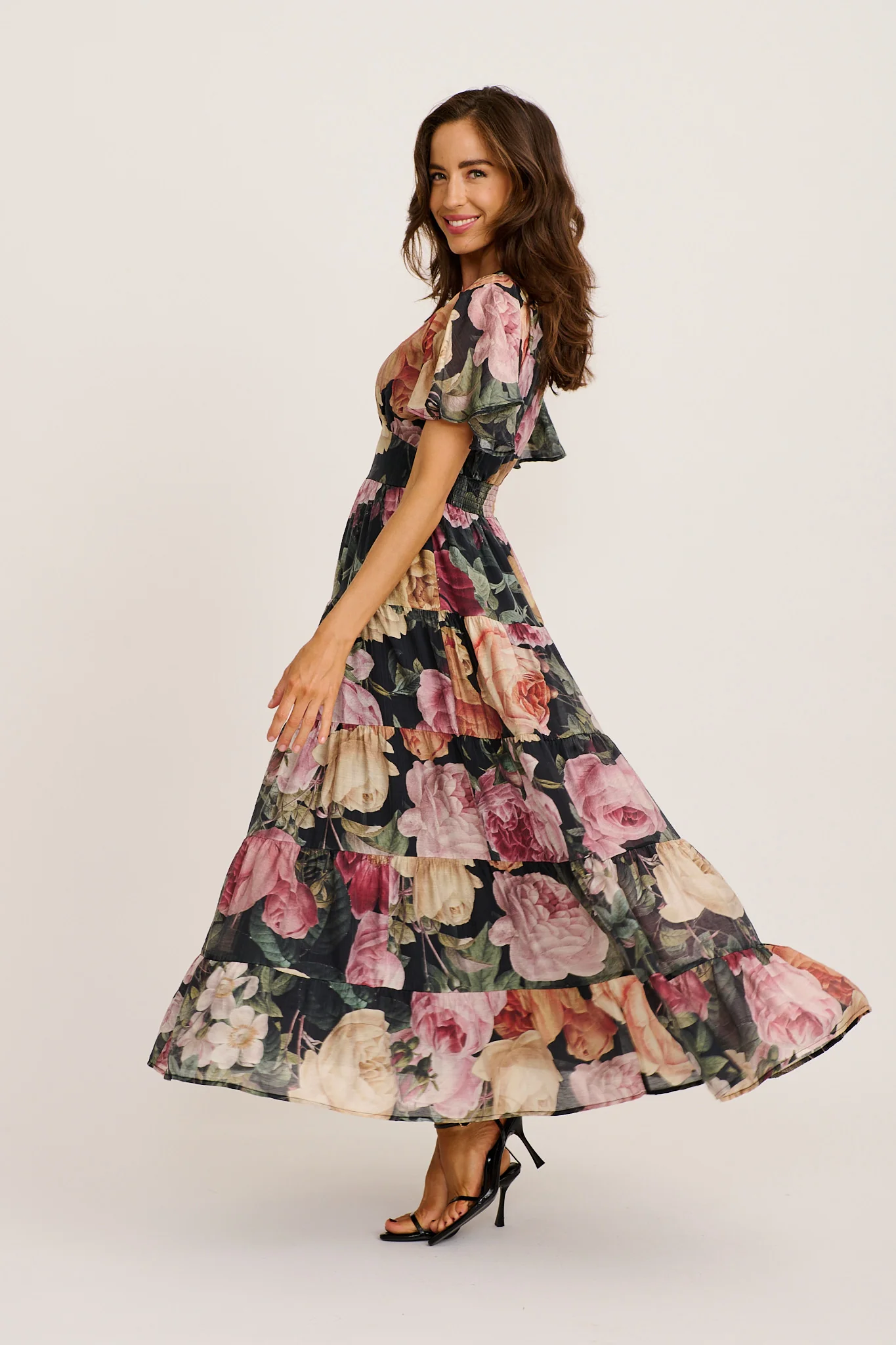 PRE ORDER Pastel Symphony Maxi Dress in Black with Multi Floral Print - Image 3