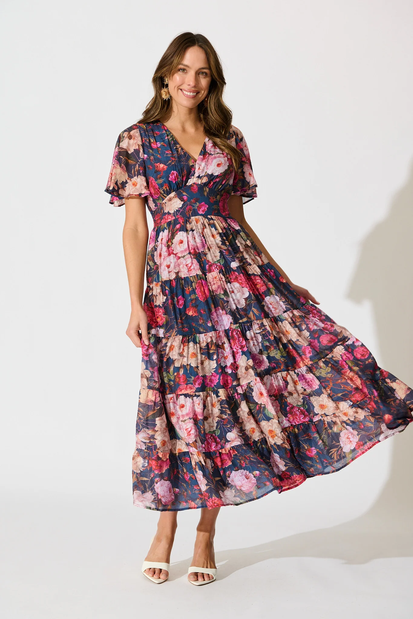 Pastel Symphony Maxi Dress in Navy with Blush Floral