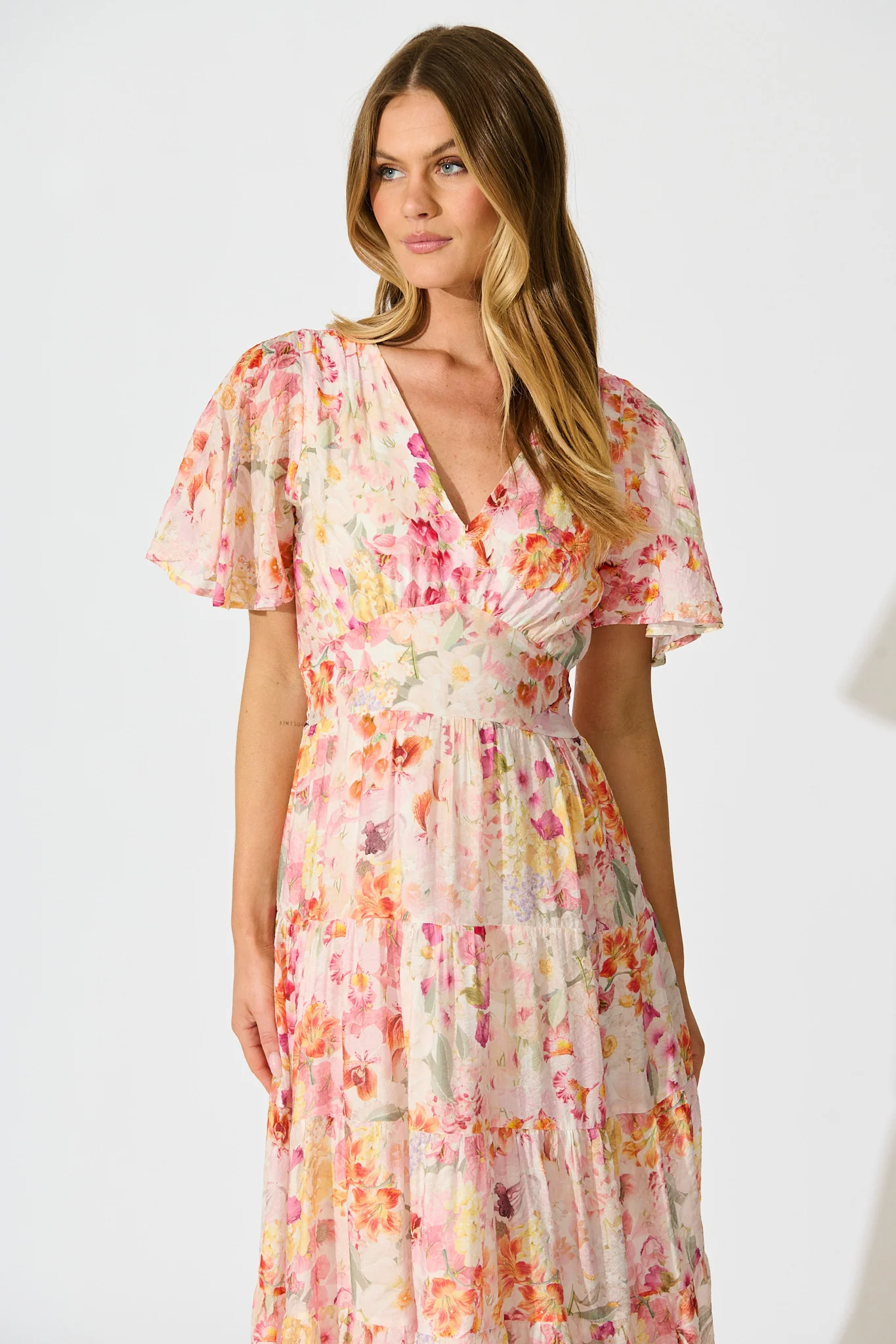 Pastel Symphony Maxi Dress in White with Multi Blush Floral - Image 2