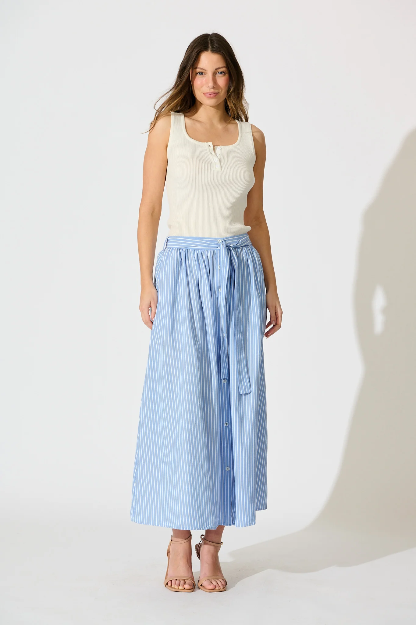 Pattie Maxi Skirt in Blue with White Stripe Cotton - Image 4