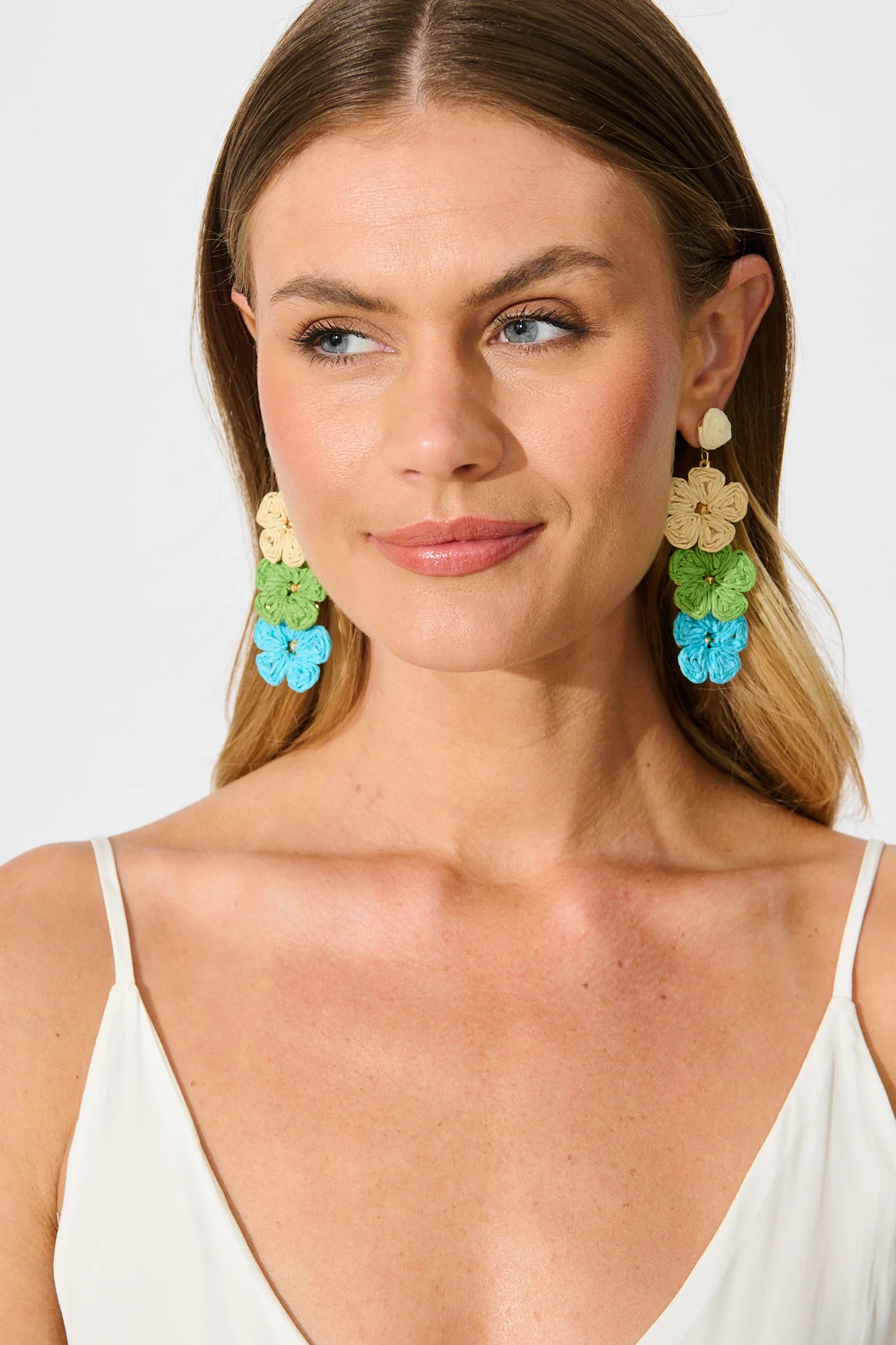 Patty Drop Earrings in Multi Cream and Aqua Raffia - Image 3