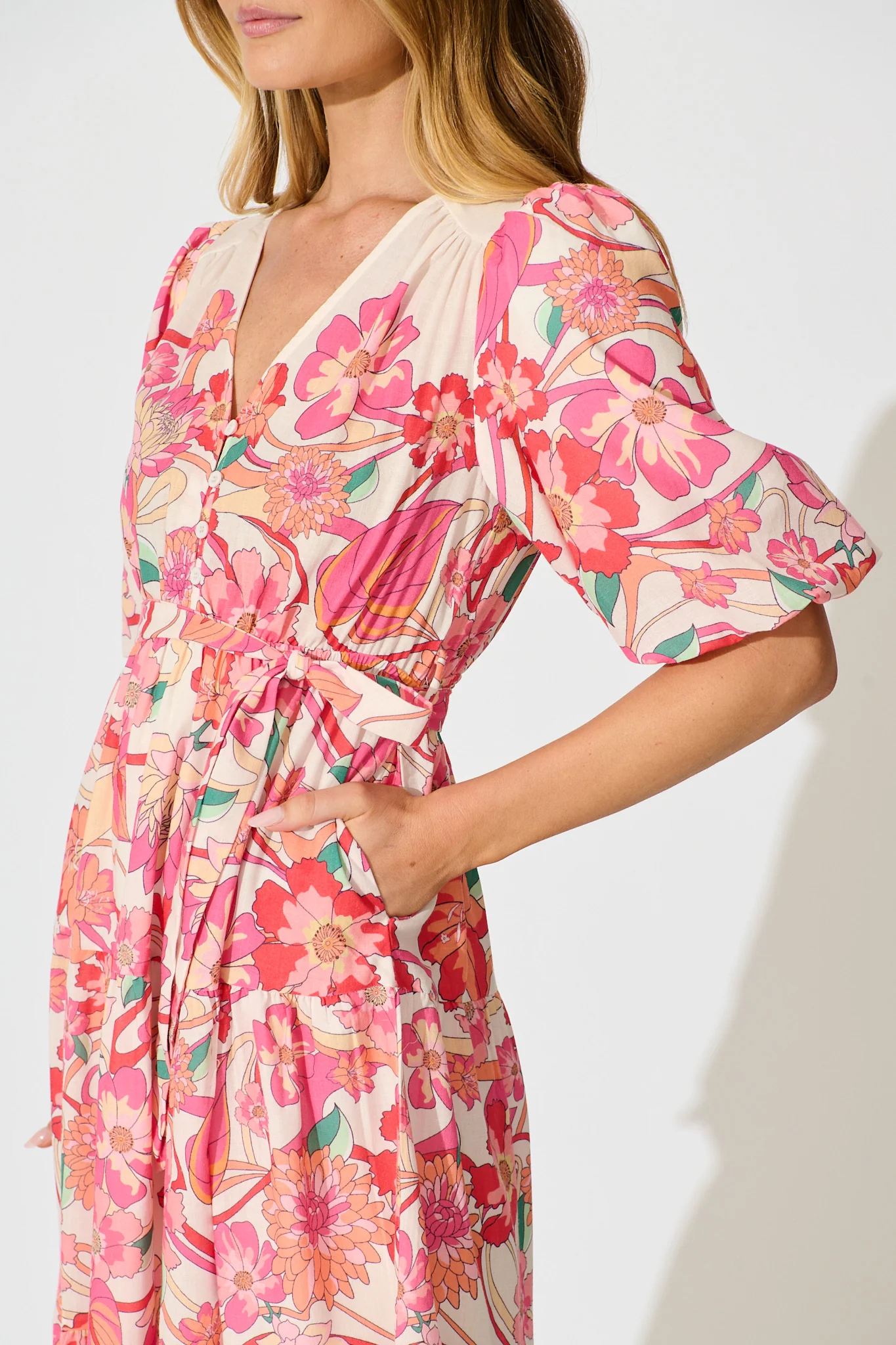 Peni Midi Dress in Cream with Pink Multi Floral Linen Blend - Image 5